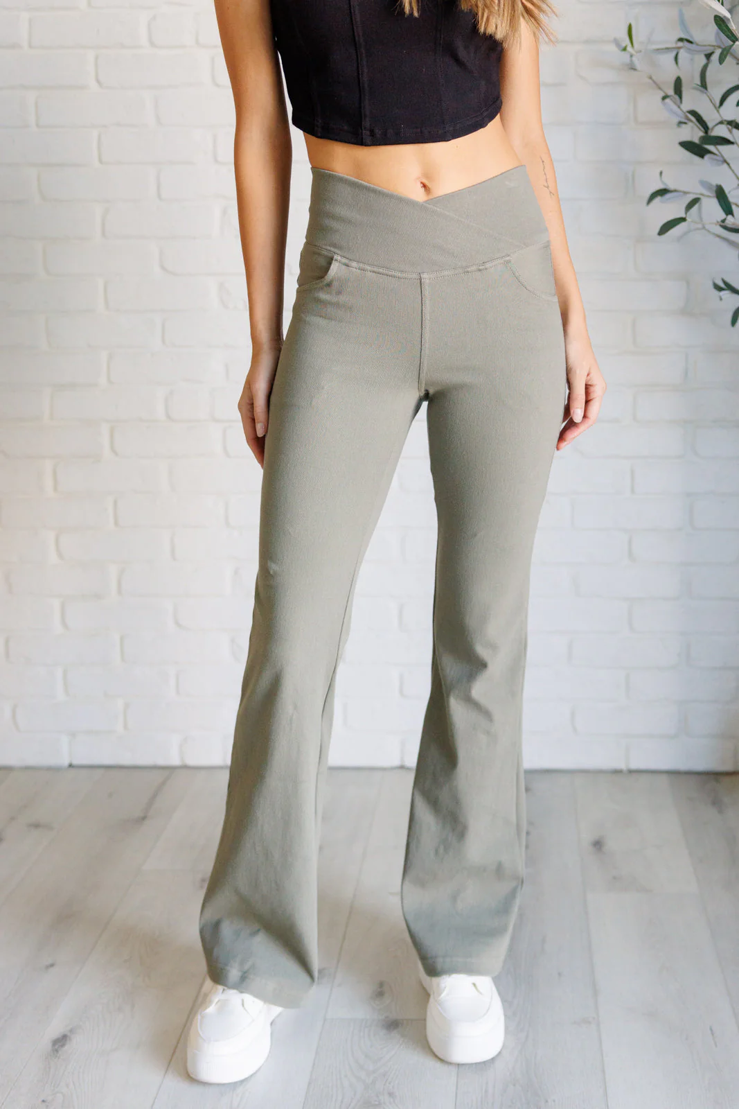 Building Habits Twill Flared Crossover Waist Pant in Dusty Olive - Makeswep