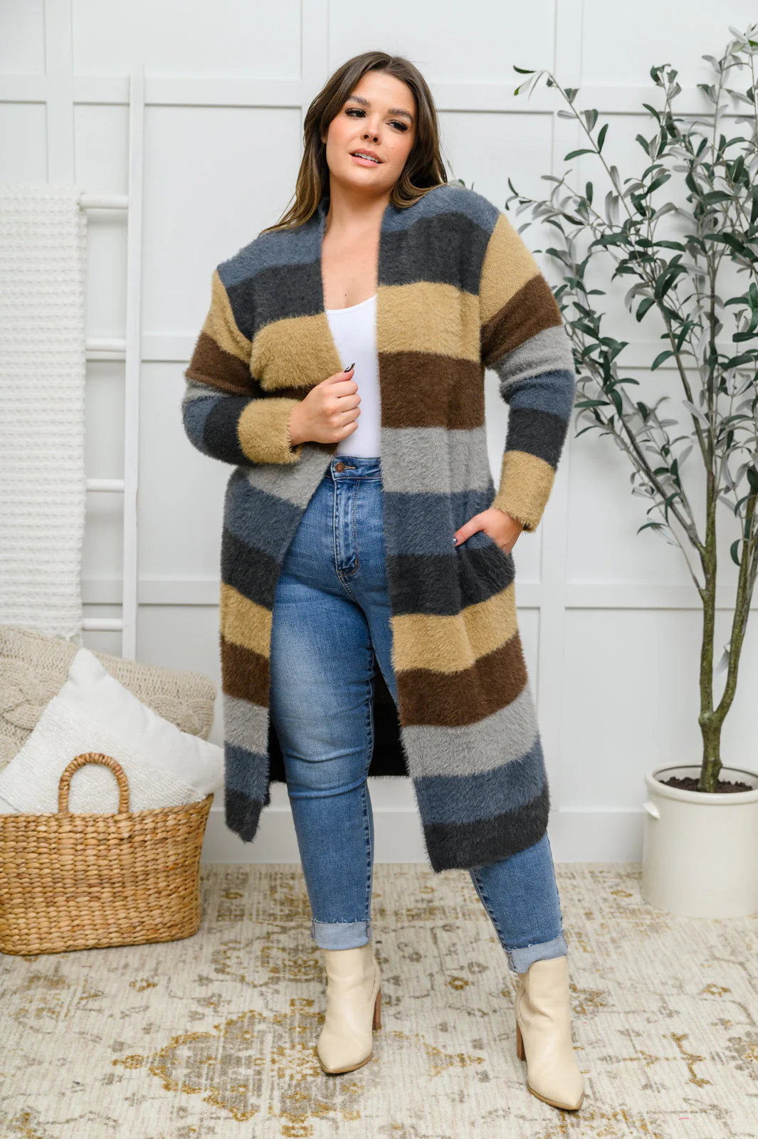 Fuzzy Longline Cardigan In Blue & Cocoa - Makeswep