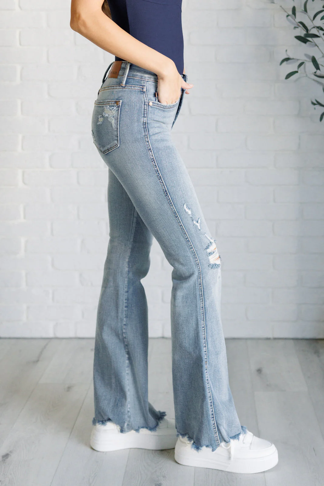 JUDY BLUE Caroline Mid Rise Control Top Distressed Flare Jeans - Makeswep