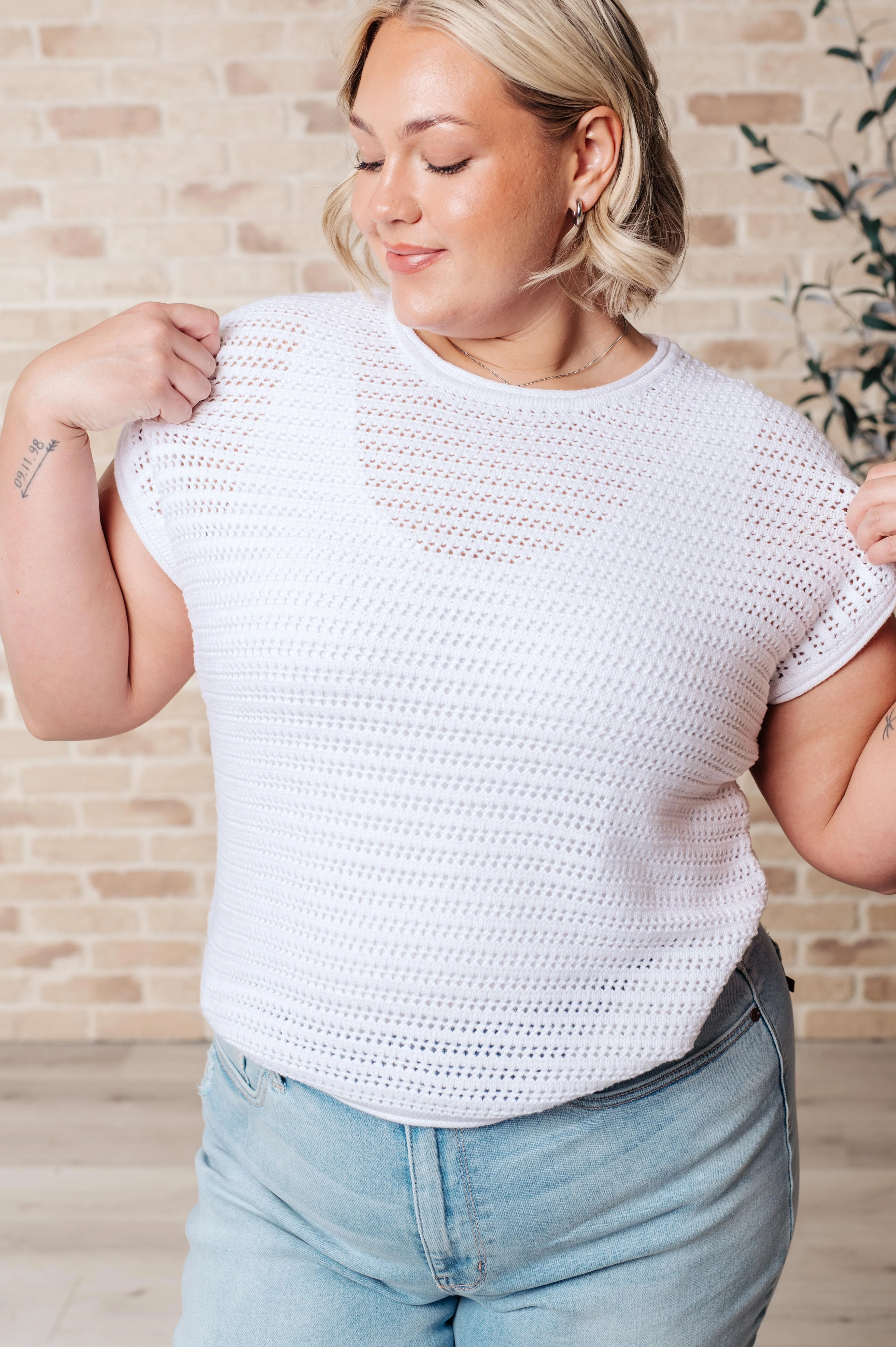 Here for More Open Knit Cap Sleeve Sweater - Makeswep