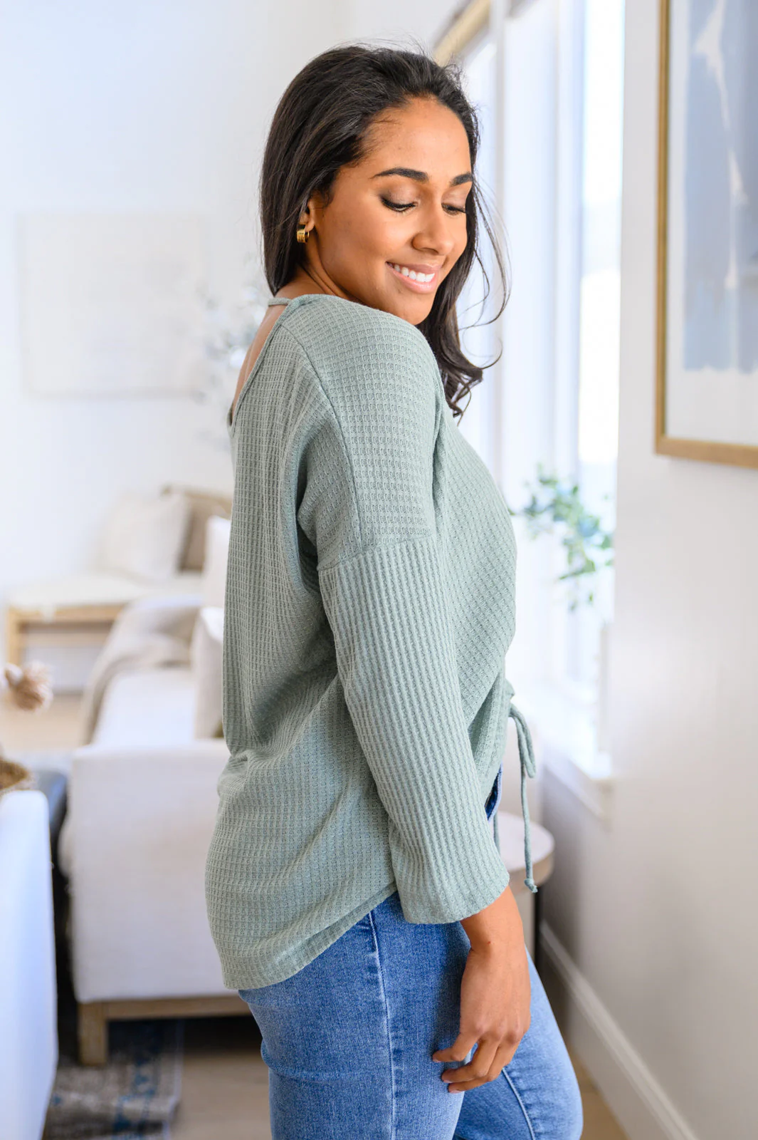 Austin Waffle Knit Basic Top In Sage - Makeswep
