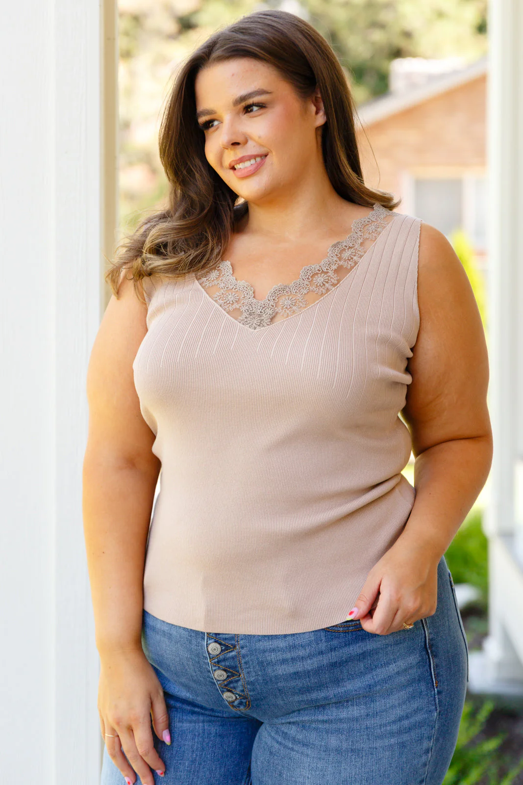 I Can Love You Better Lace Tank in Taupe - Makeswep