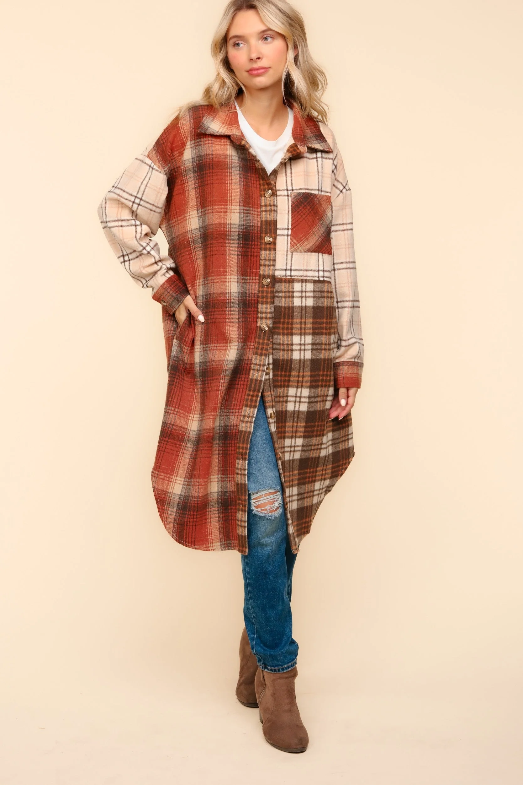 Flannel Plaid Oversized Shacket with Pockets - Makeswep