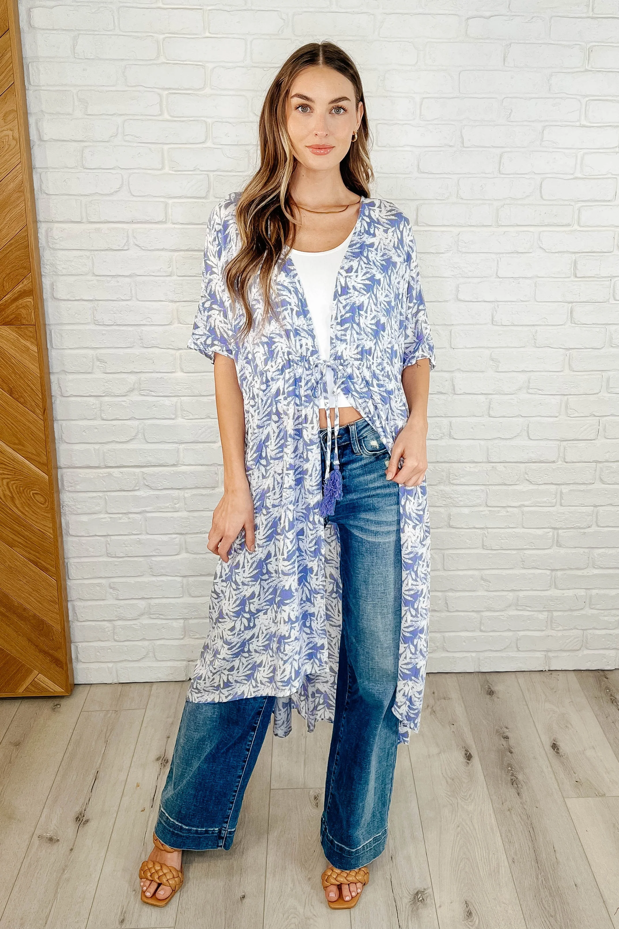 Tropical Print Gauze Kimono with Elastic Waist Tie in Periwinkle - Makeswep