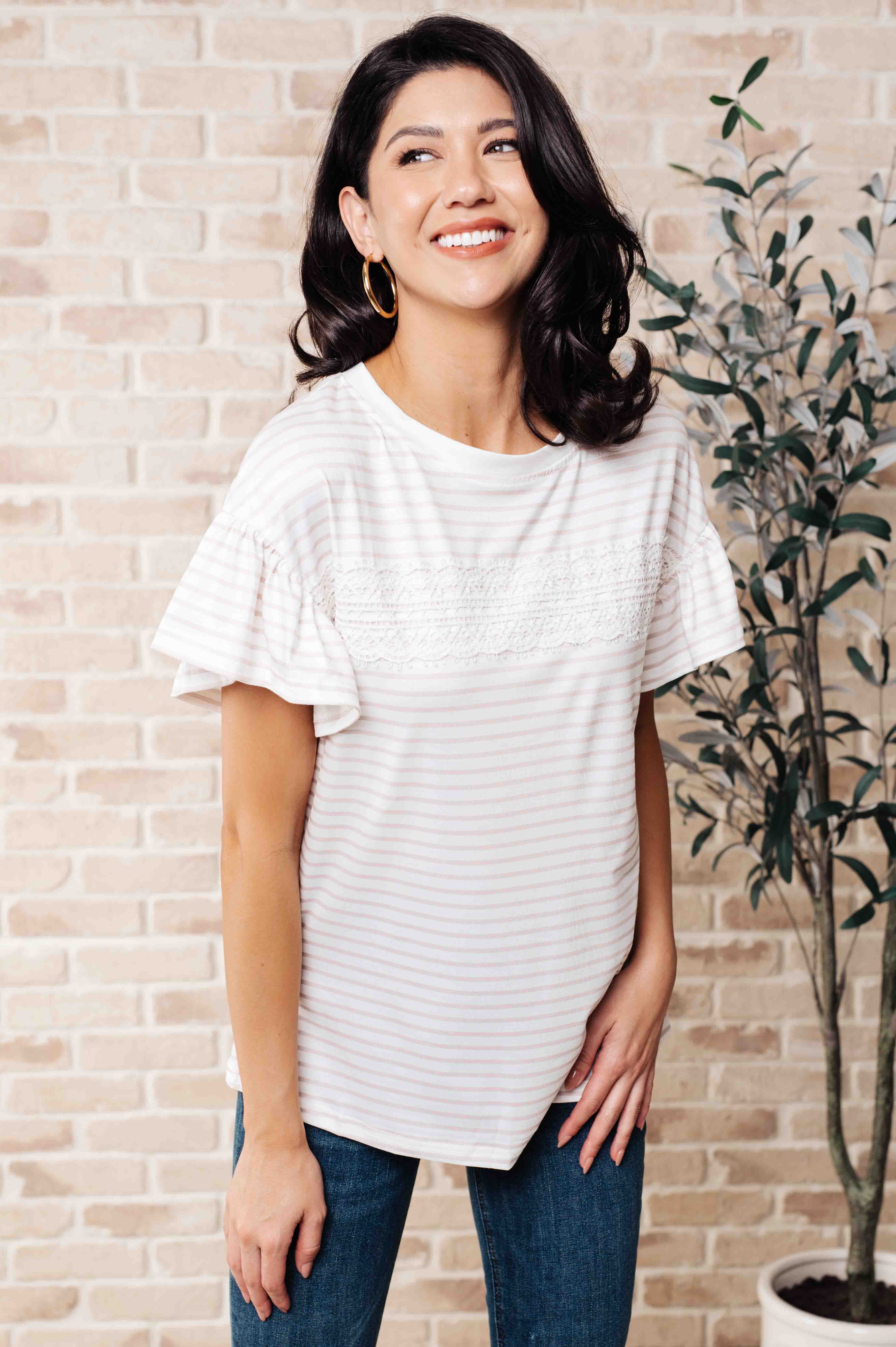 Hand to Hold Lace Detail Striped Top - Makeswep