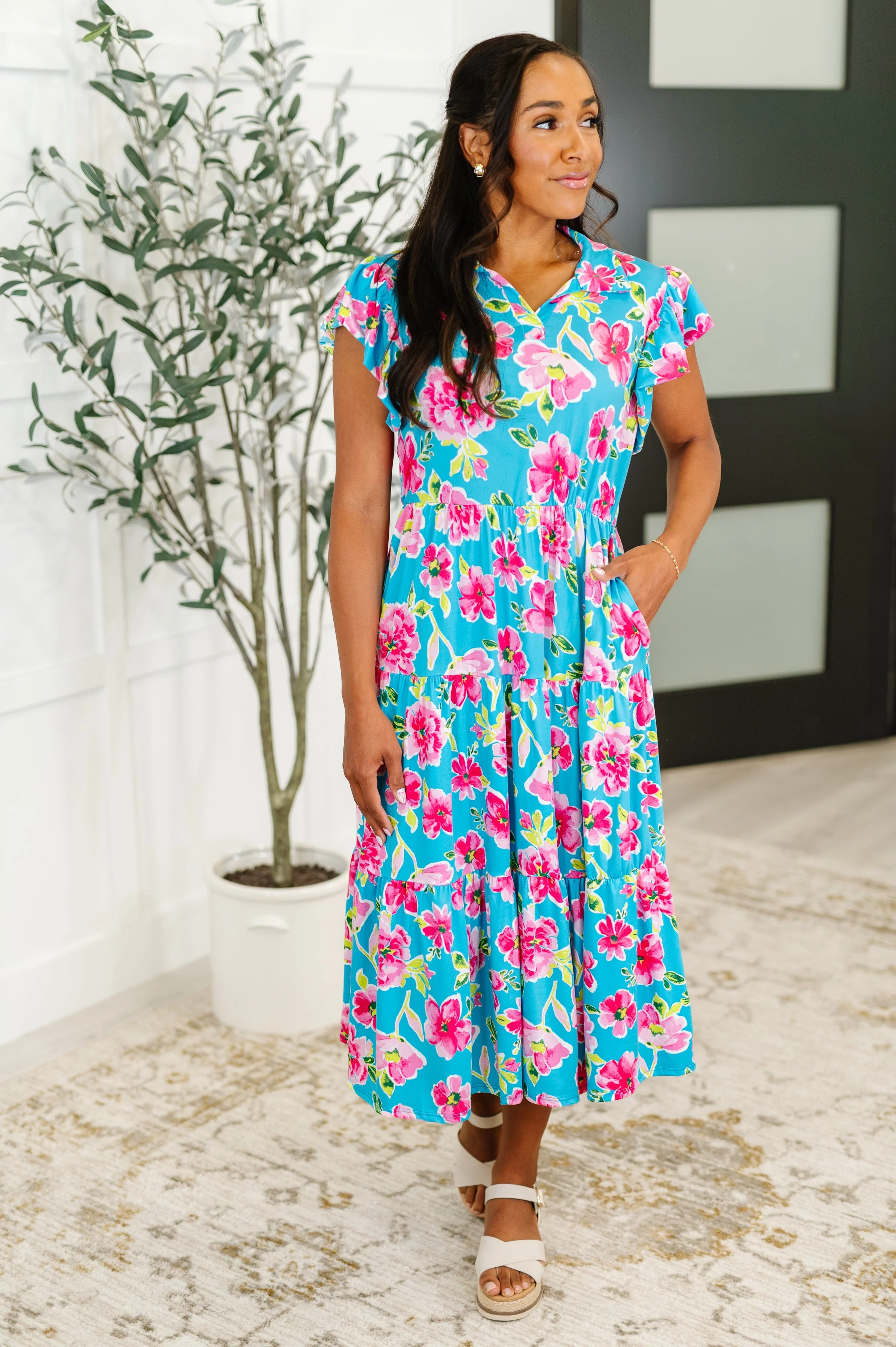 Fleurget Me Not Tiered Flutter Sleeve Dress in Aqua - Makeswep