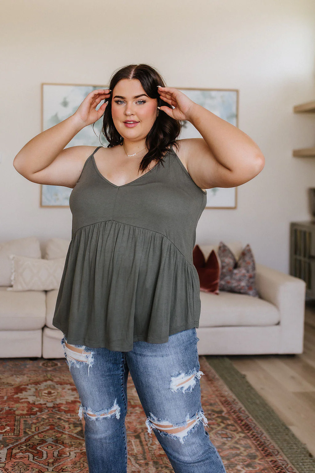 Never Not Loving V-Neck Cami in Gray Green - Makeswep