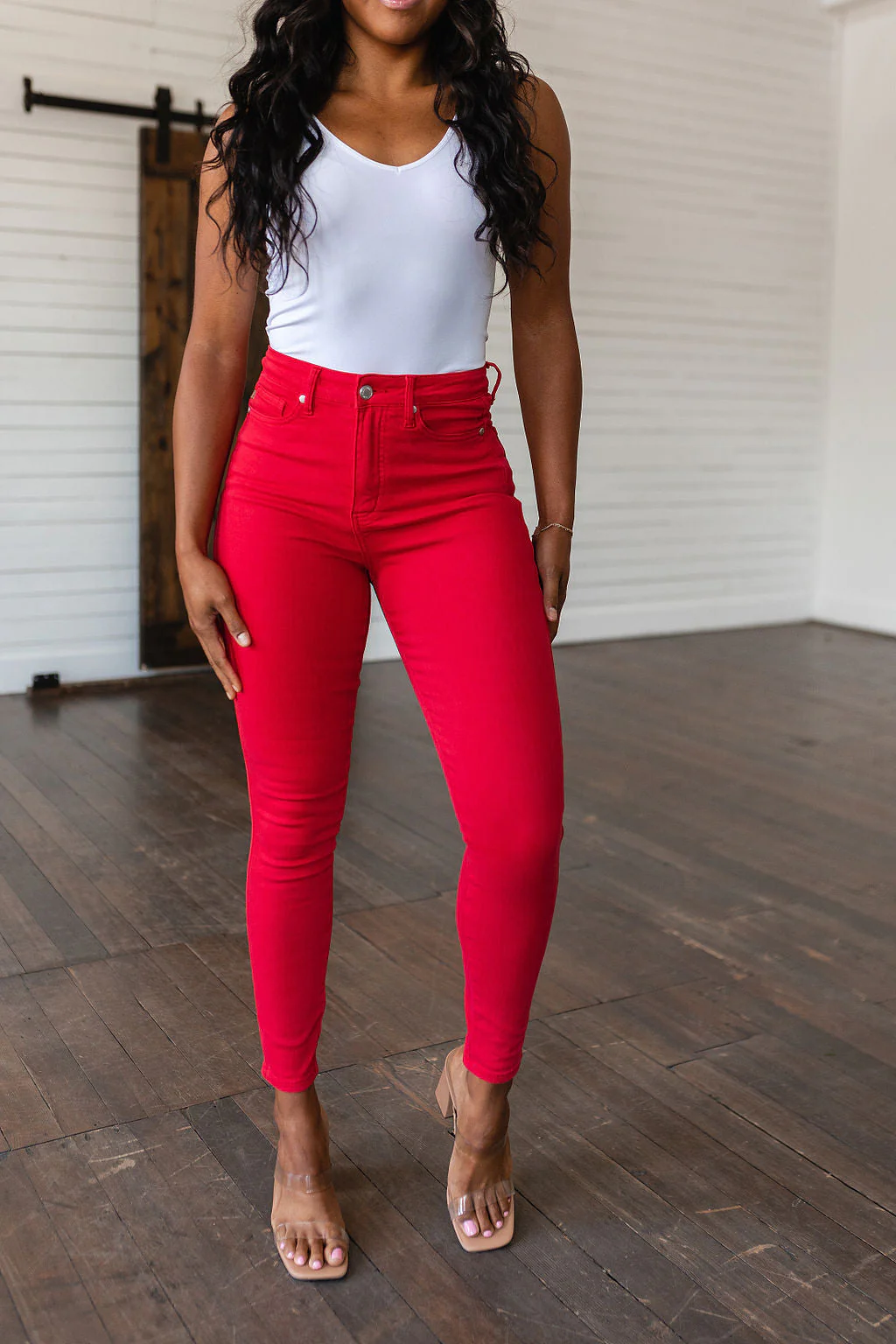 JUDY BLUE Ruby High Rise Control Top Garment Dyed Skinny Jeans in Red - Makeswep