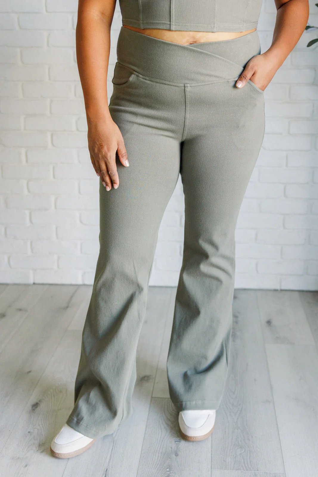 Building Habits Twill Flared Crossover Waist Pant in Dusty Olive - Makeswep