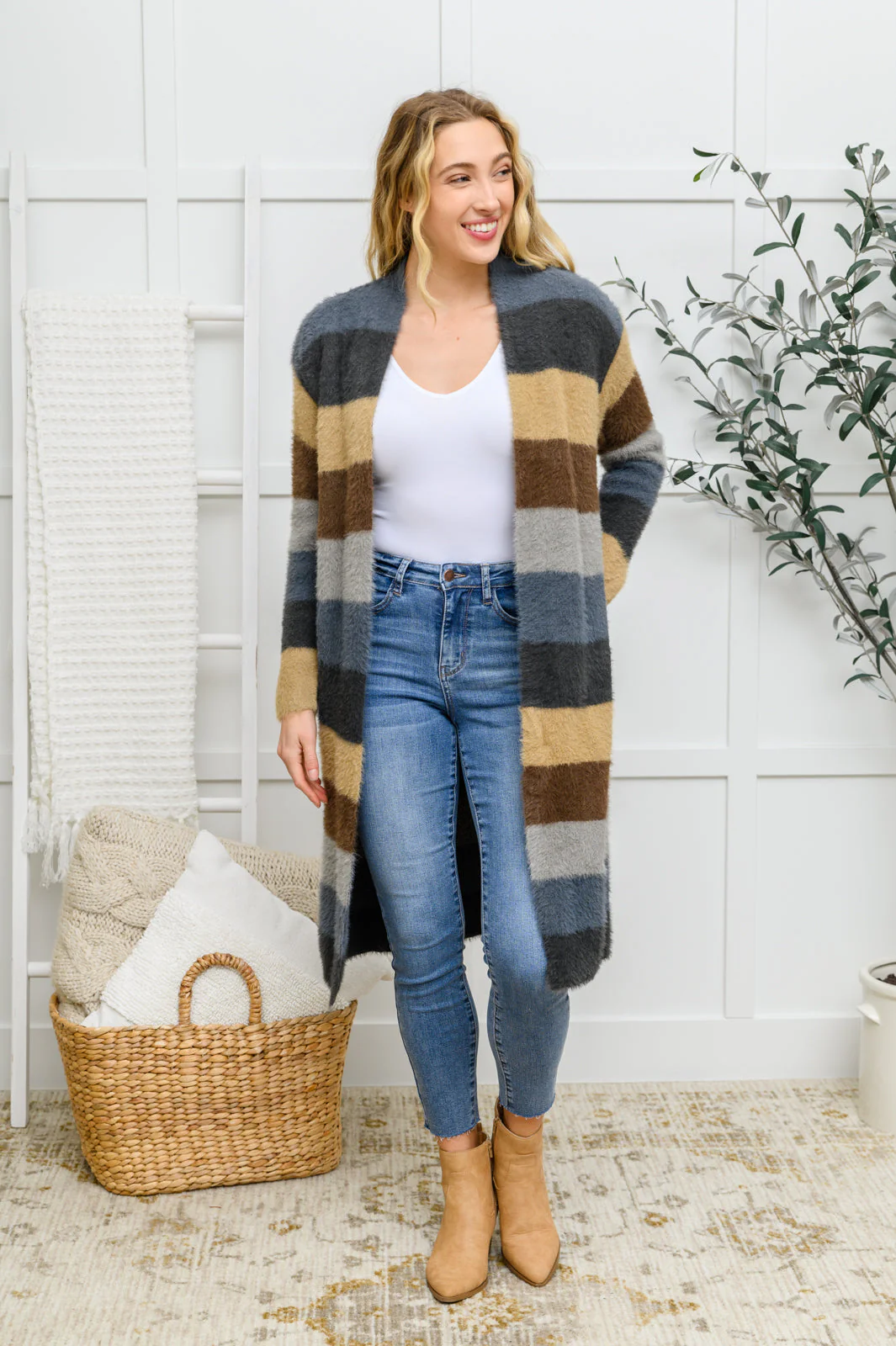 Fuzzy Longline Cardigan In Blue & Cocoa - Makeswep