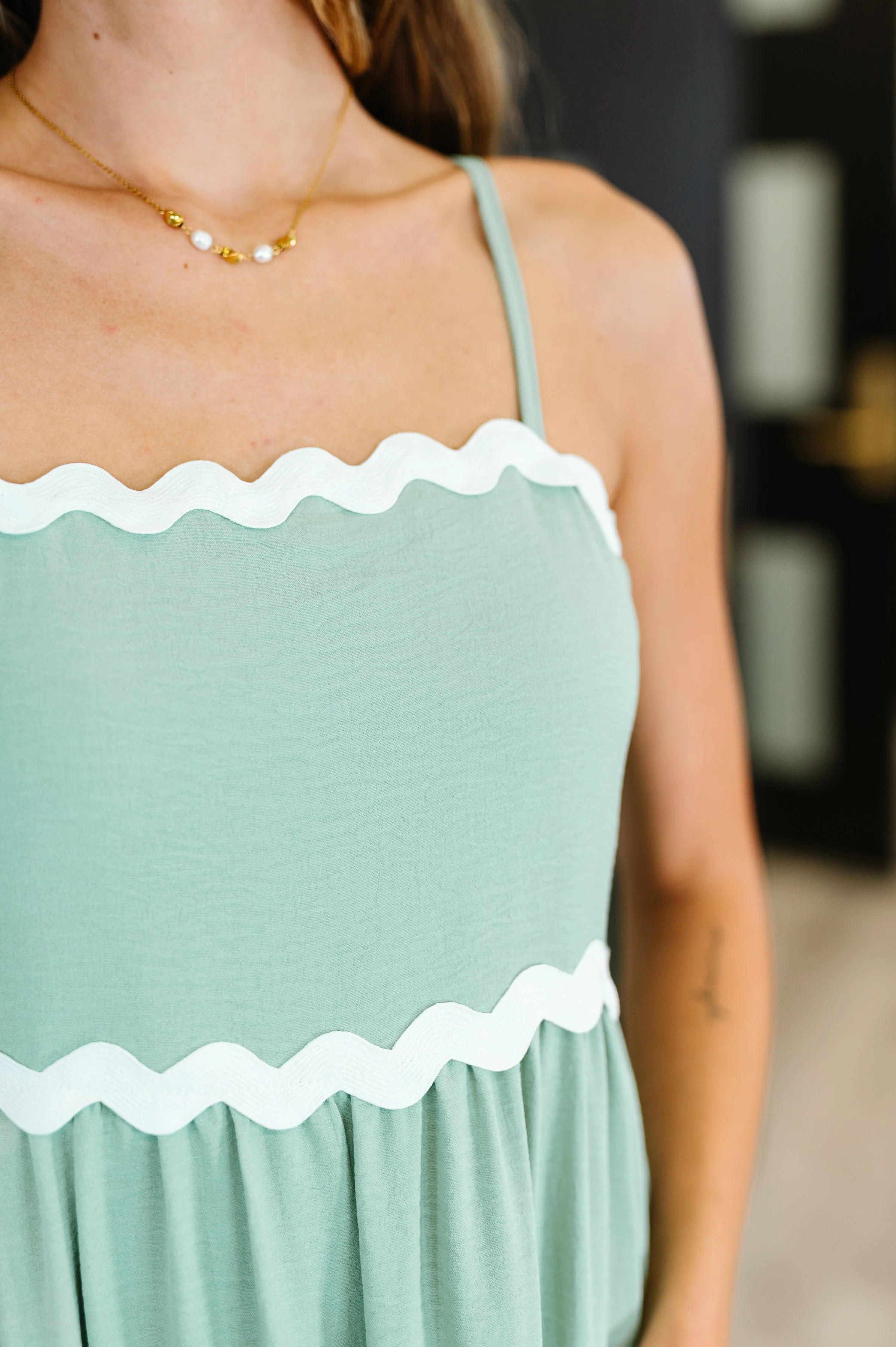 Ripple Effect Spaghetti Strap Dress in Sage - Makeswep