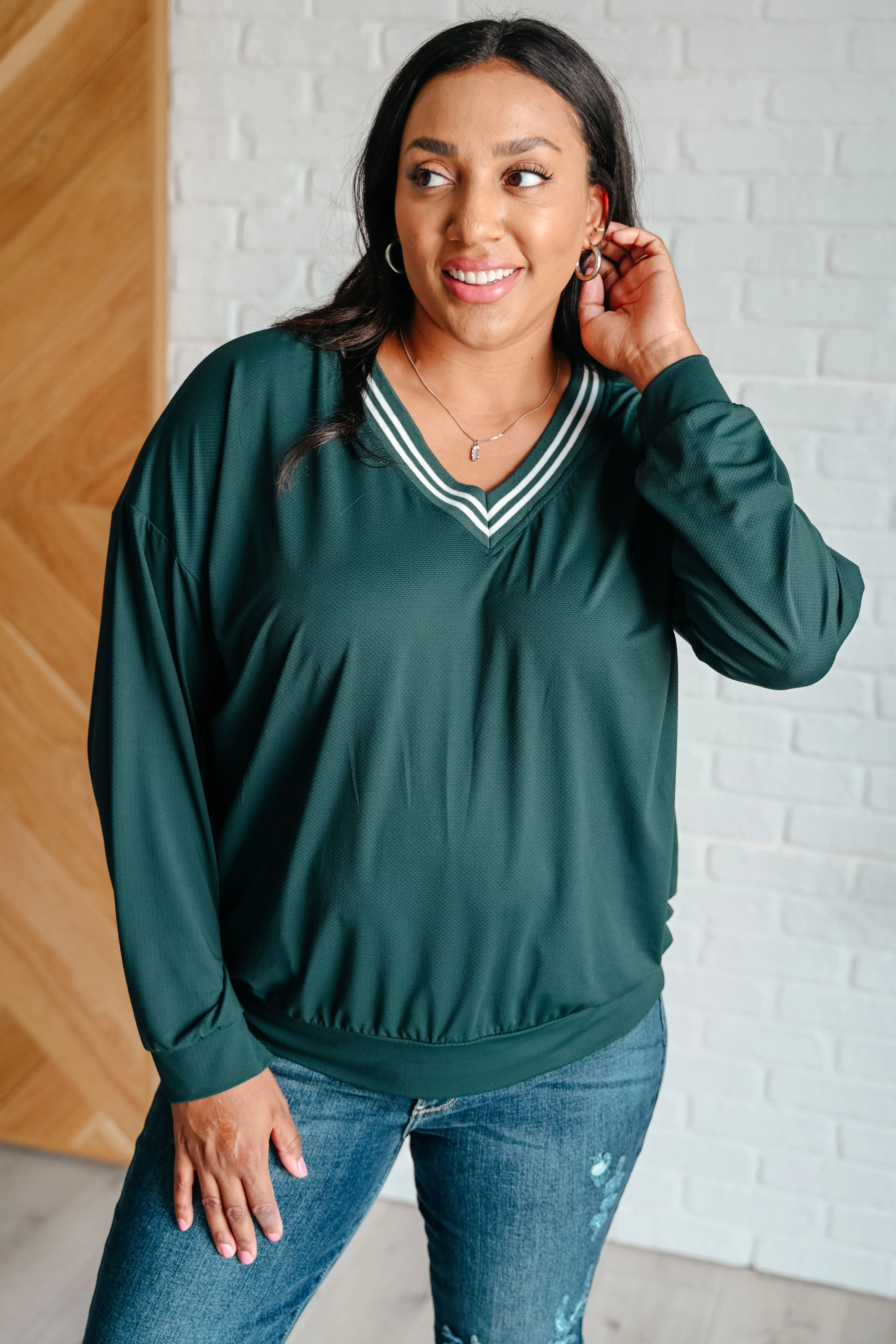 All Out Comfort V-Neck Pullover in Midnight Green - Makeswep