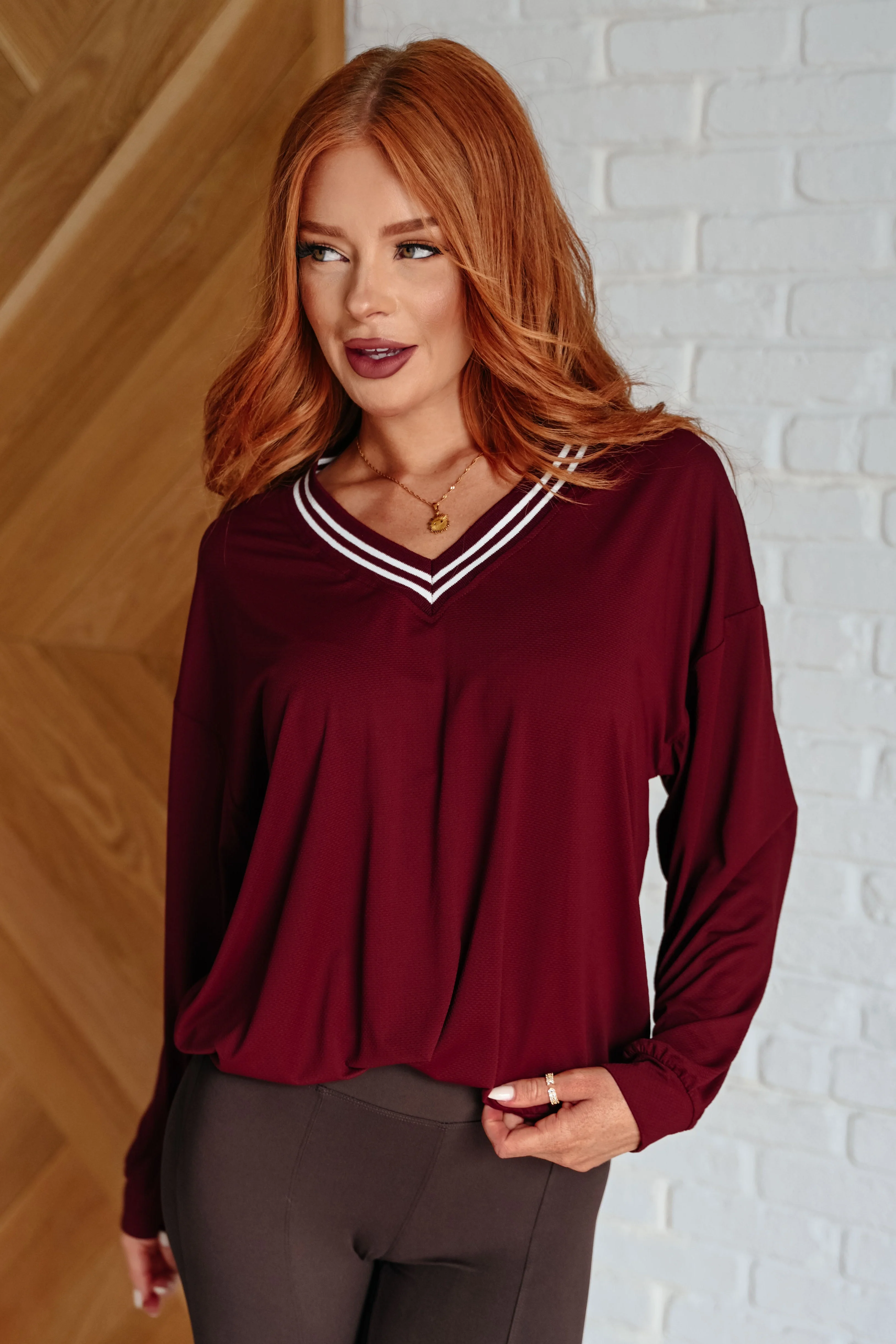 All Out Comfort V-Neck Pullover in Red Merlot - Makeswep