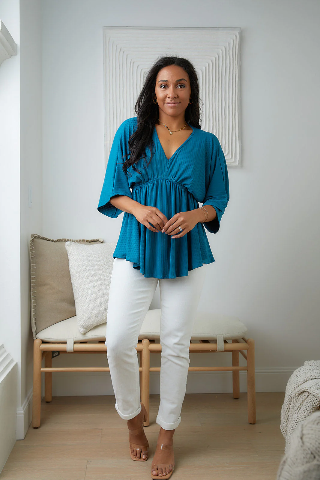 Storied Moments Draped Peplum Top in Teal - Makeswep