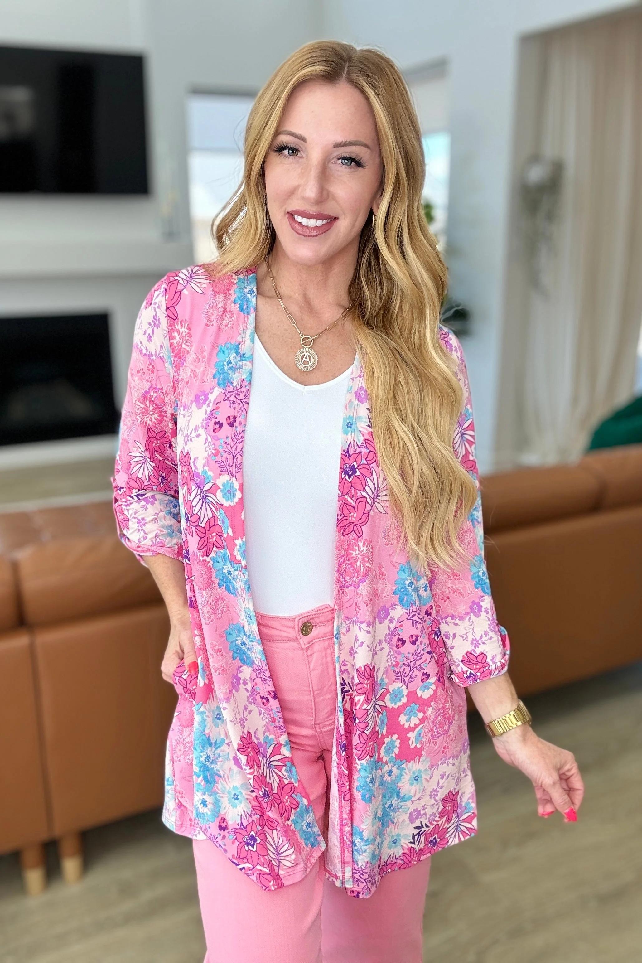 Lizzy Cardigan in Pink Patchwork Floral - Makeswep