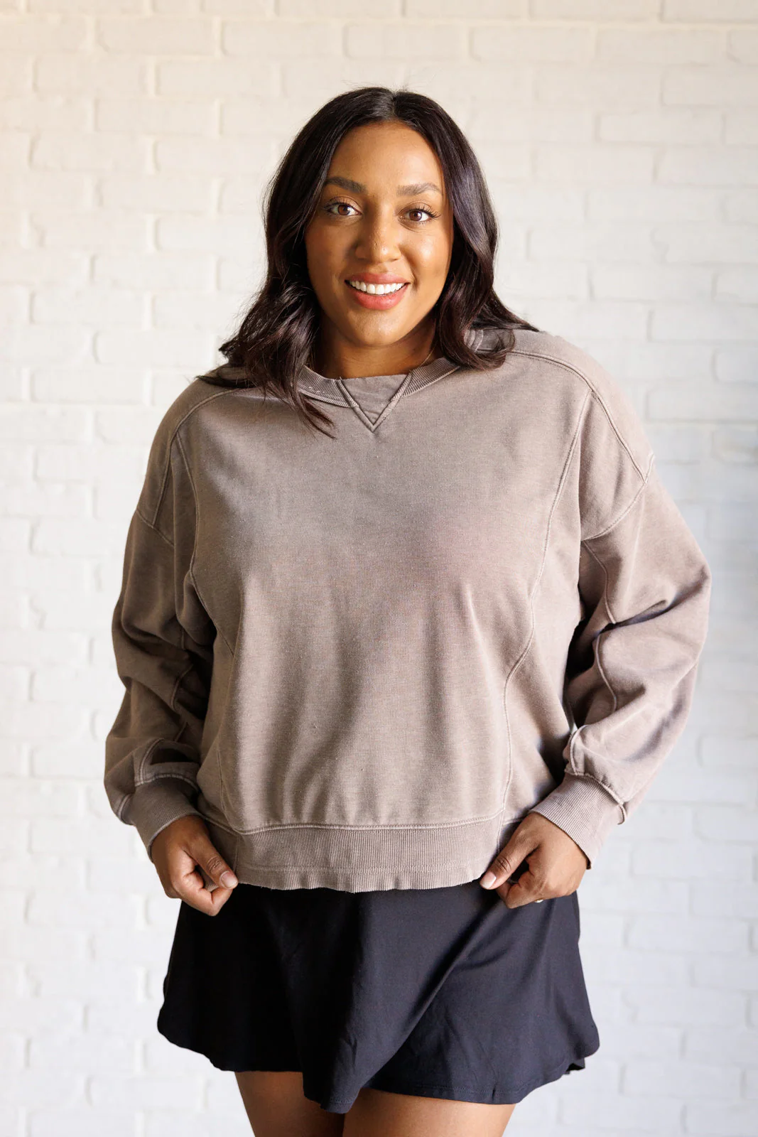 Quick Fix Mineral Wash Crew Neck Pullover in Mocha - Makeswep