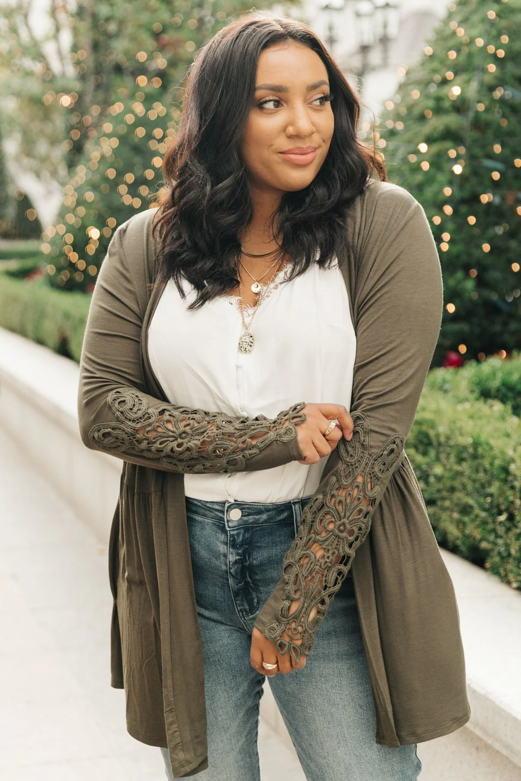 Little Bit Of Lace Cardigan In Olive - Makeswep