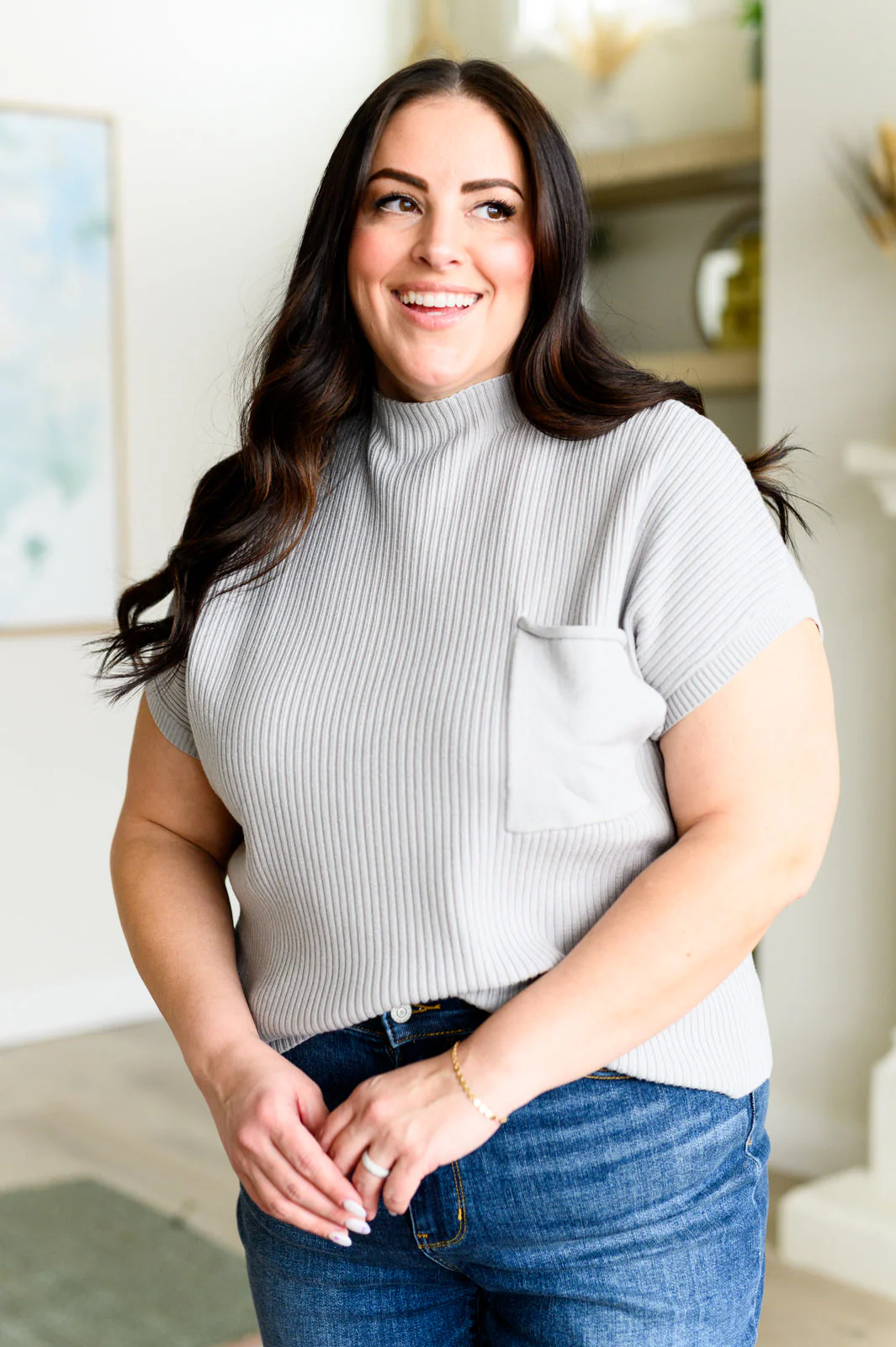 This Little Life Mock Neck Short Sleeve Sweater in Grey - Makeswep