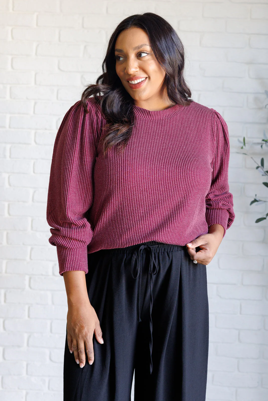 When the Sun Goes Down Mineral Wash Ribbed Knit Top in Wine - Makeswep