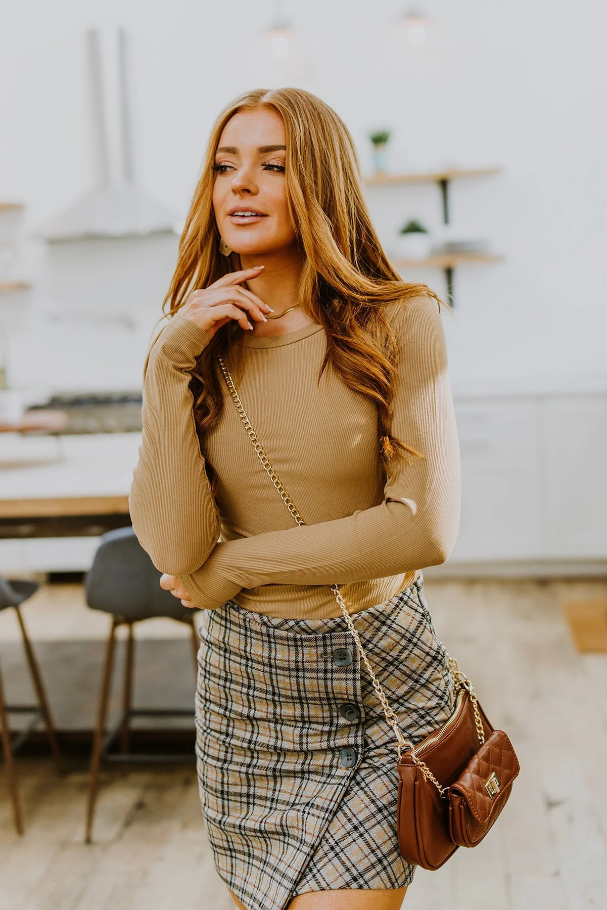 Hold Me Tight Ribbed Long Sleeve Top In Tan - Makeswep