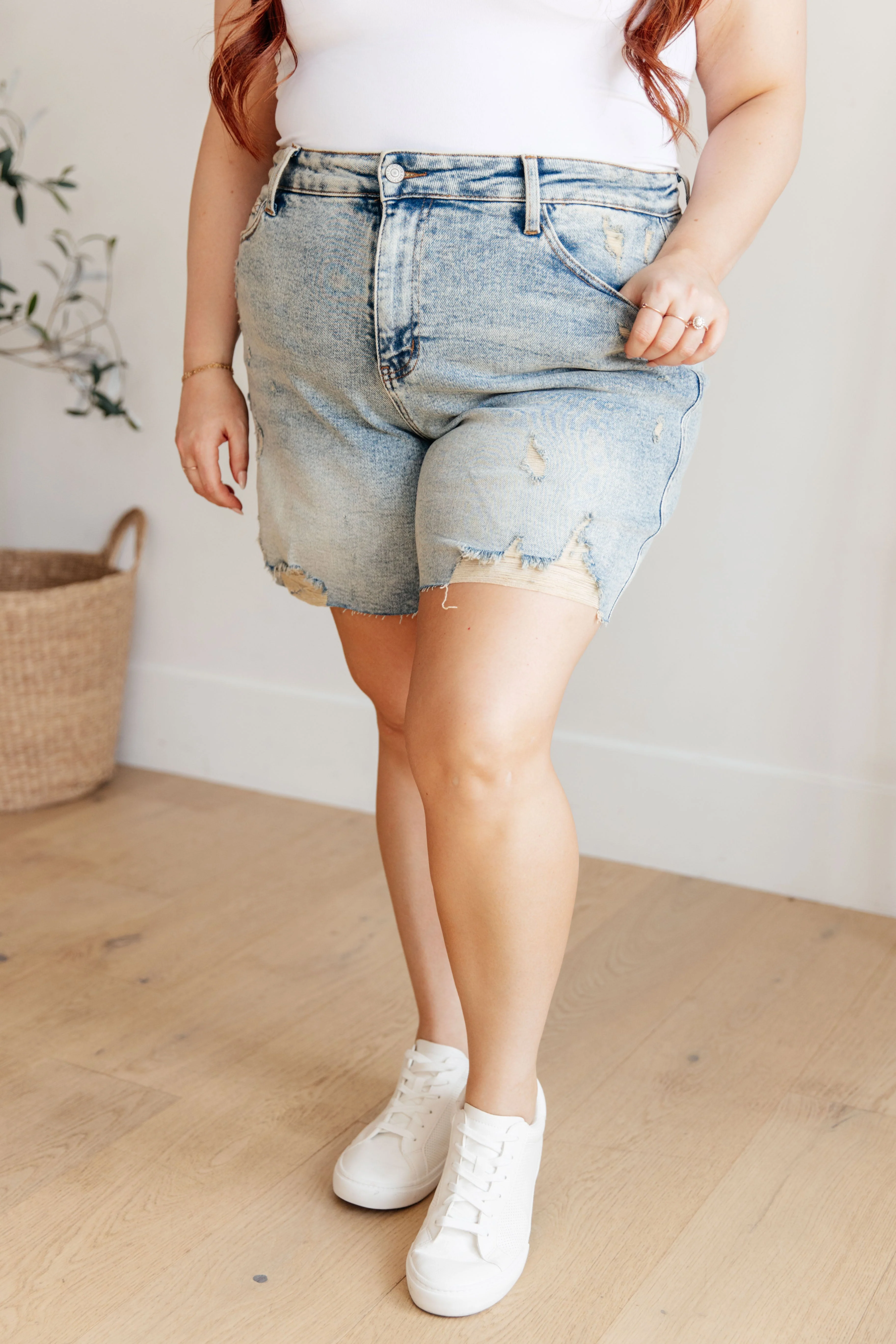 Judy Blue Cindy High Rise Mineral Wash Distressed Boyfriend Shorts - Makeswep