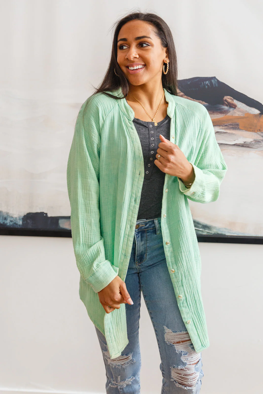 Corey Button Up Top In Vintage Green - Makeswep