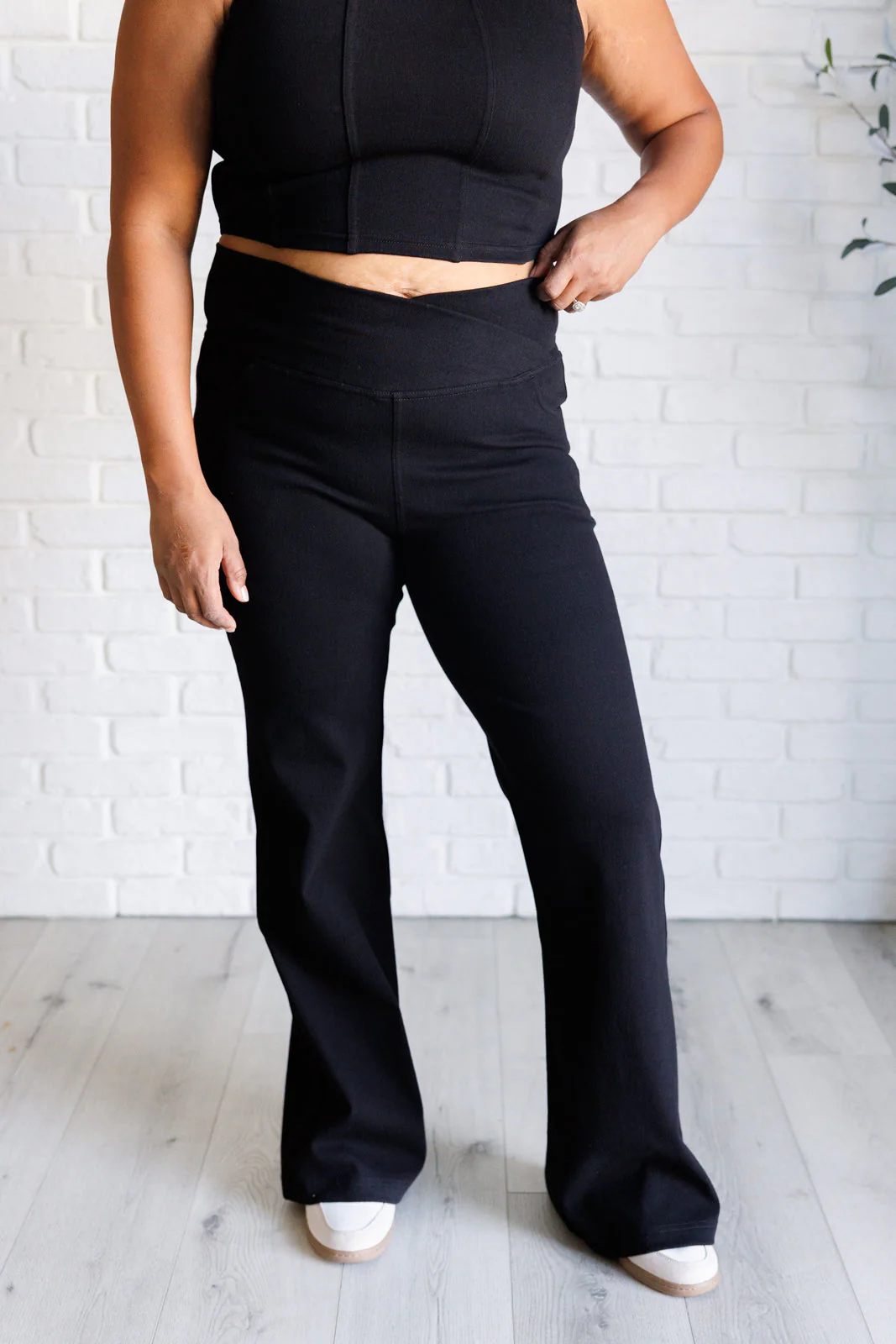 Building Habits Twill Flared Crossover Waist Pant in Black - Makeswep