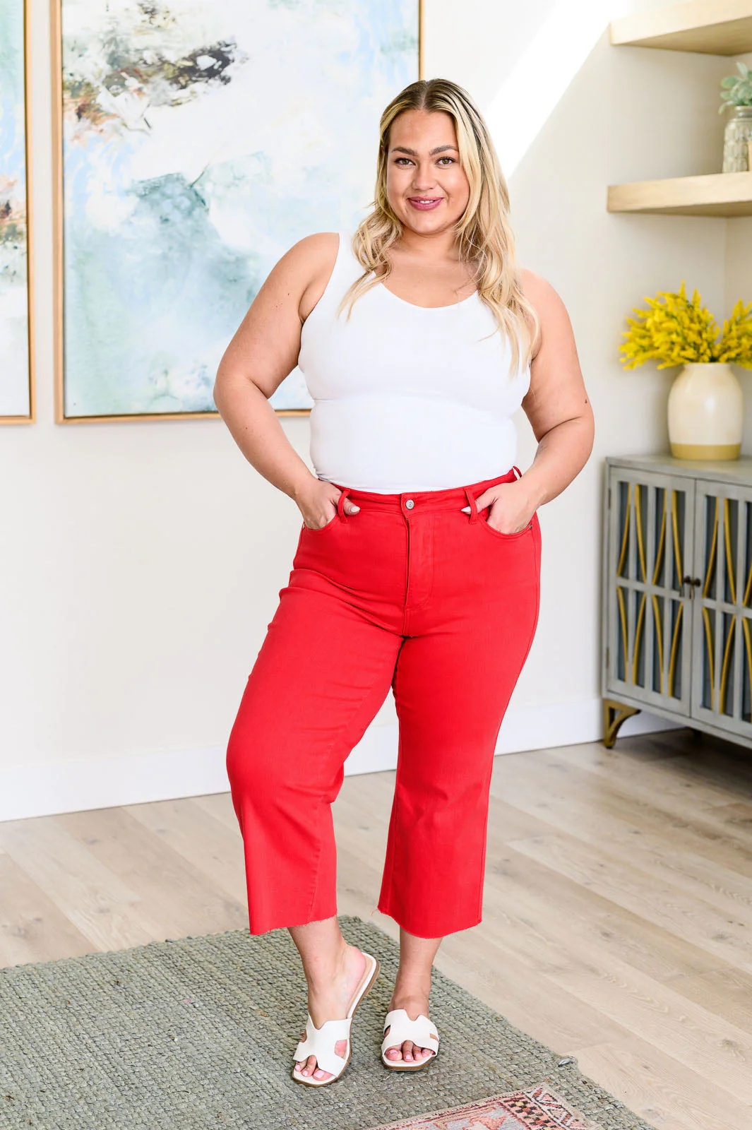 Judy Blue Lisa High Rise Wide Leg Crop Jeans in Red *Tummy Control* - Makeswep