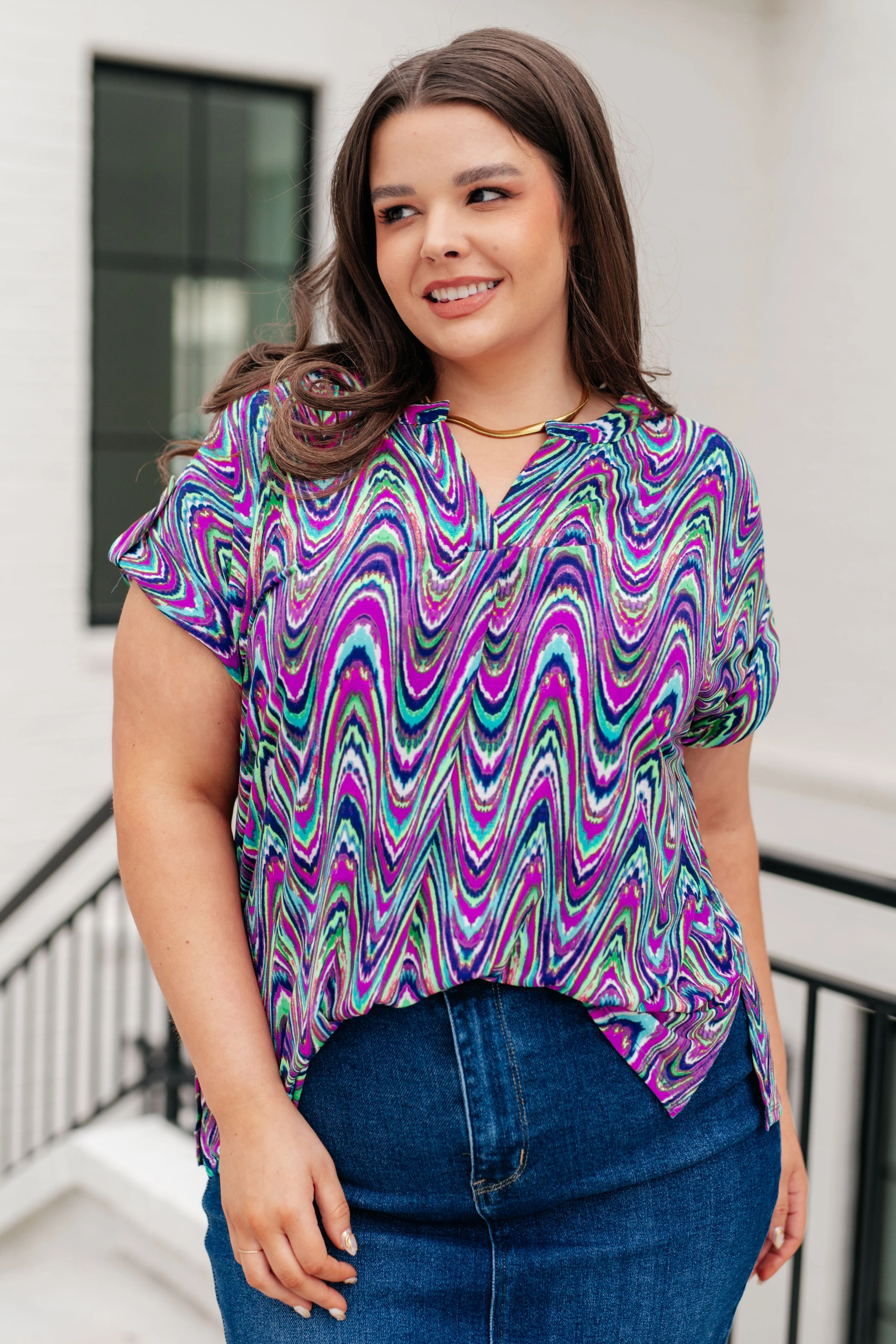 Lizzy Cap Sleeve Top in Purple Multi Marble - Makeswep