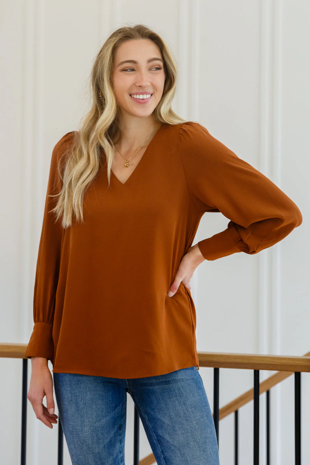 Enjoy This Moment V Neck Blouse In Toffee - Makeswep