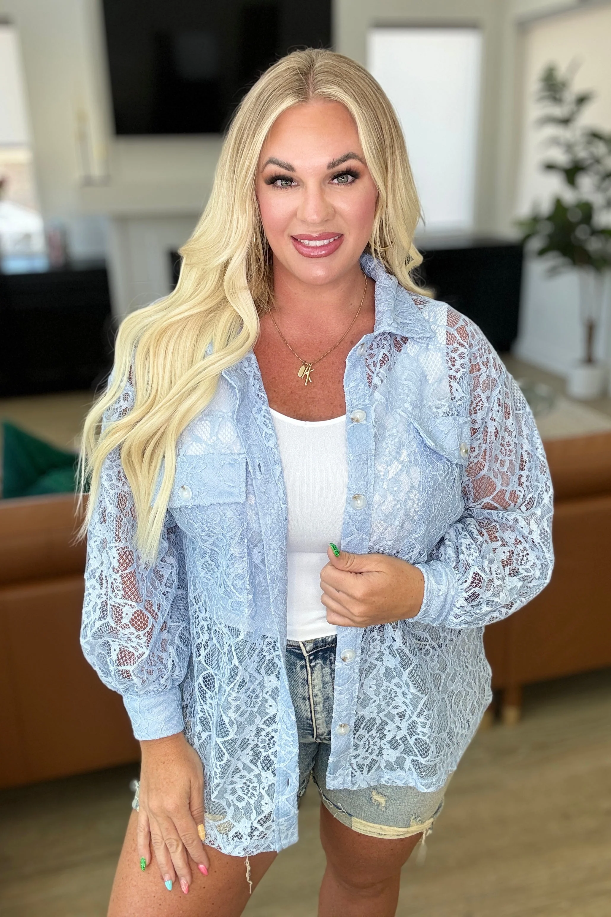 Stick Together Lace Button Up in Light Blue - Makeswep