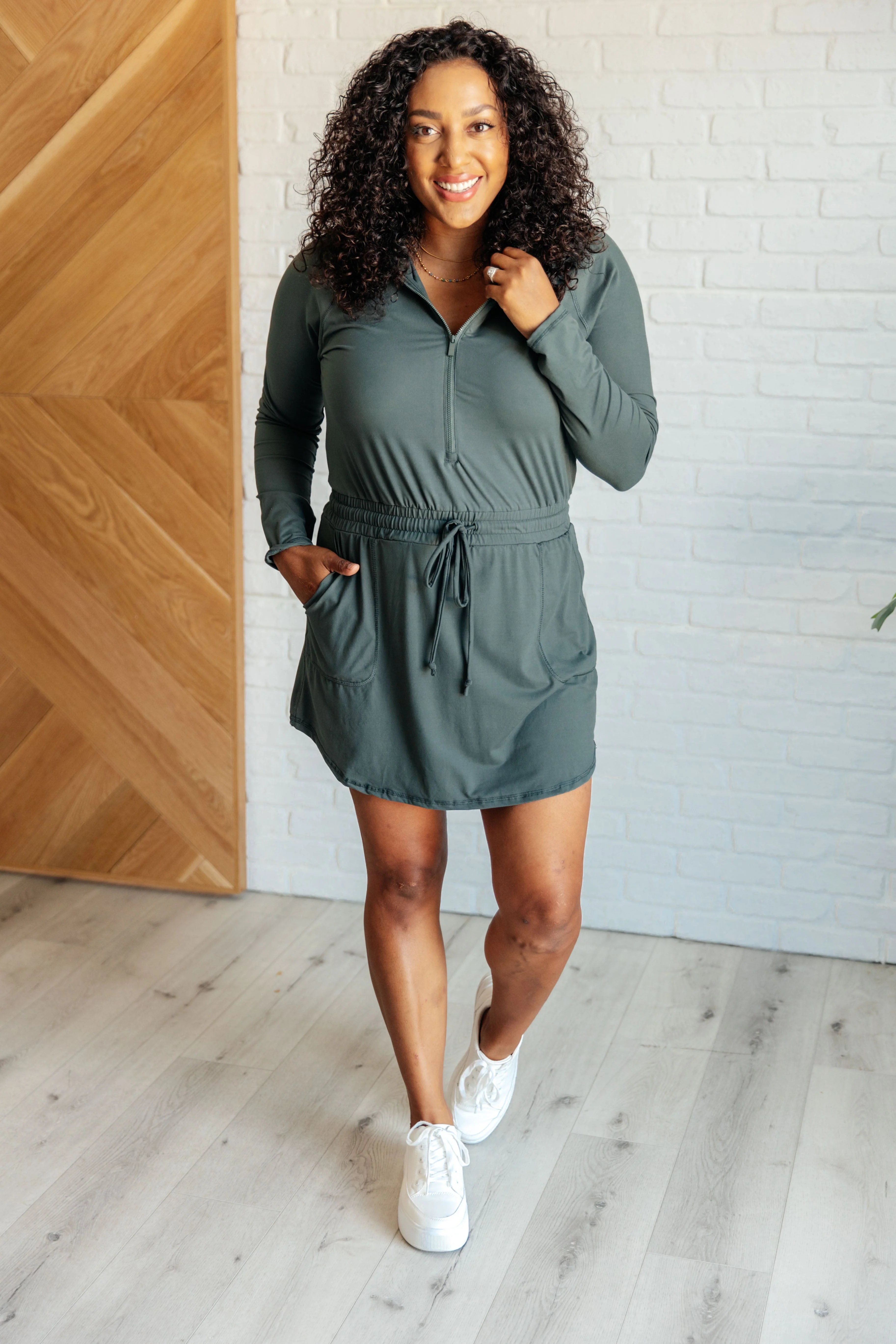 Getting Out Long Sleeve Hoodie Romper in Smoked Spruce - Makeswep