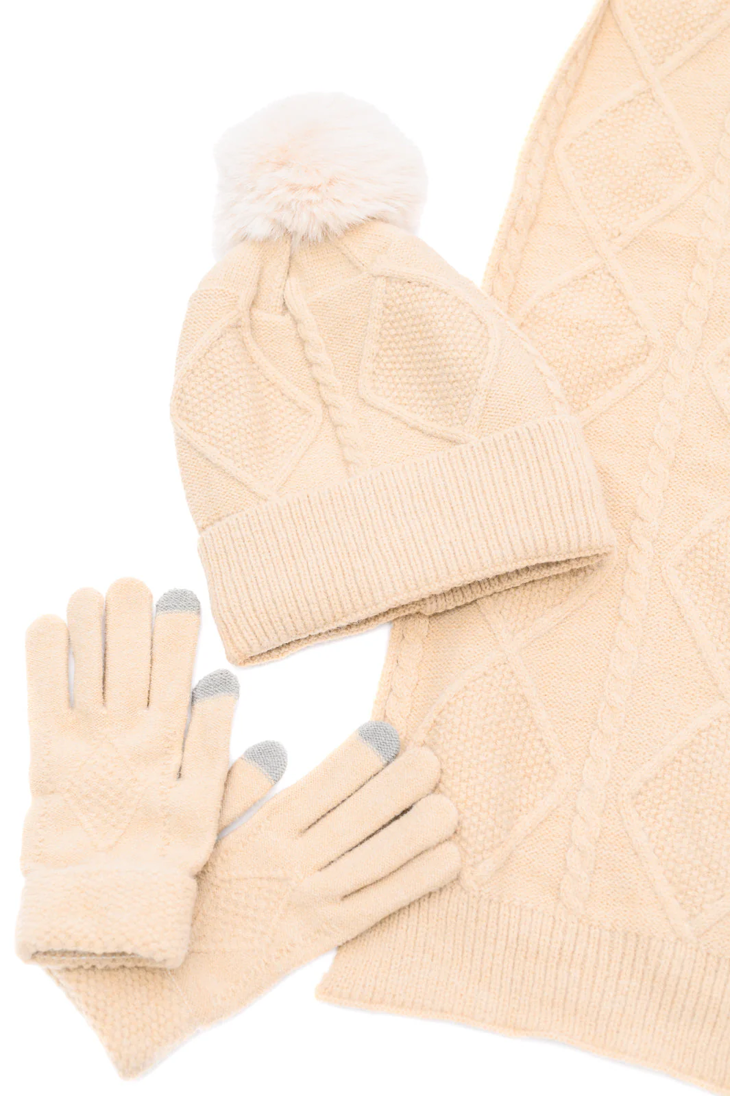 Jane Frost Beanie, Glove, and Scarf Set in Beige - Makeswep