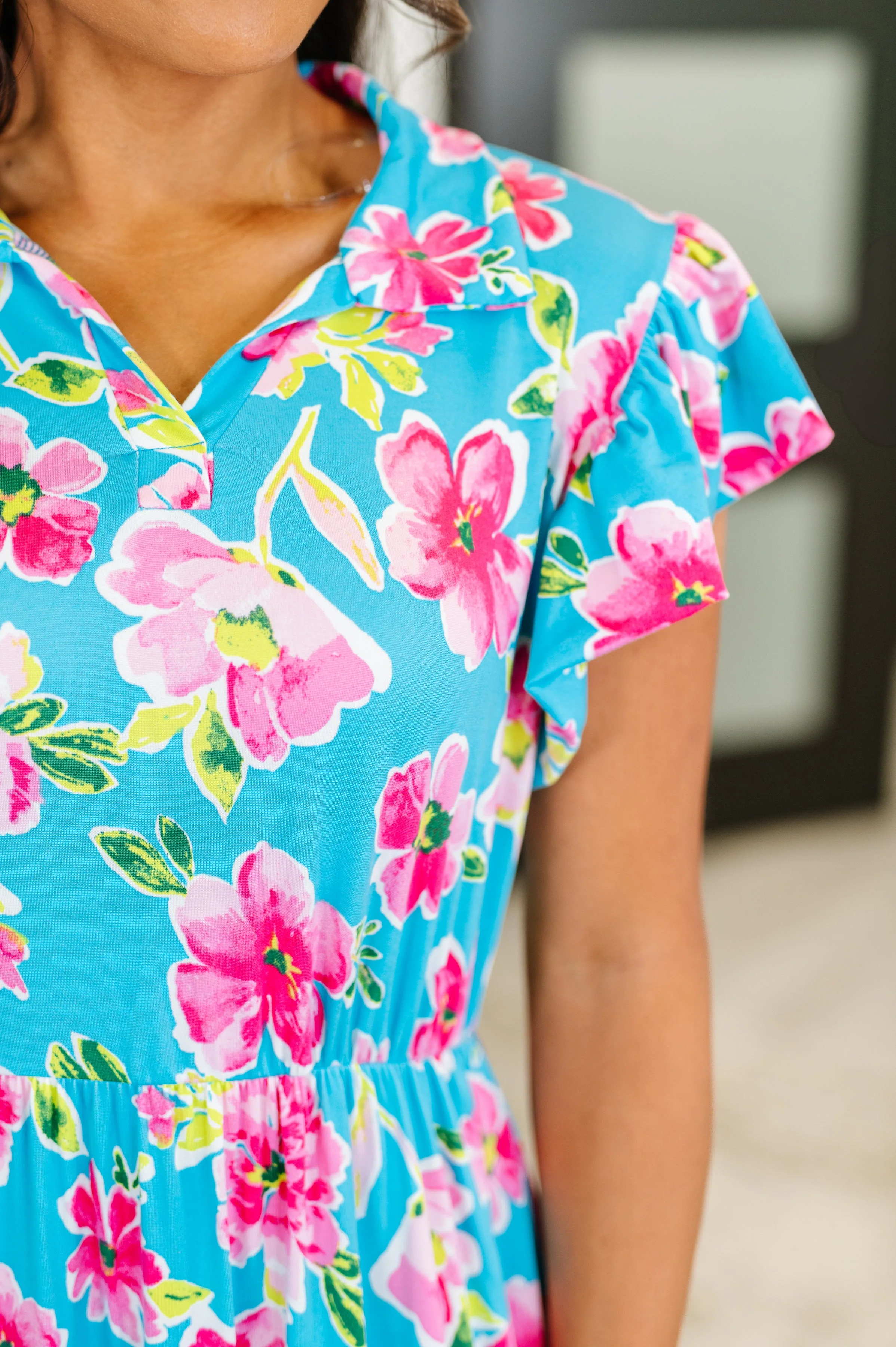 Fleurget Me Not Tiered Flutter Sleeve Dress in Aqua - Makeswep