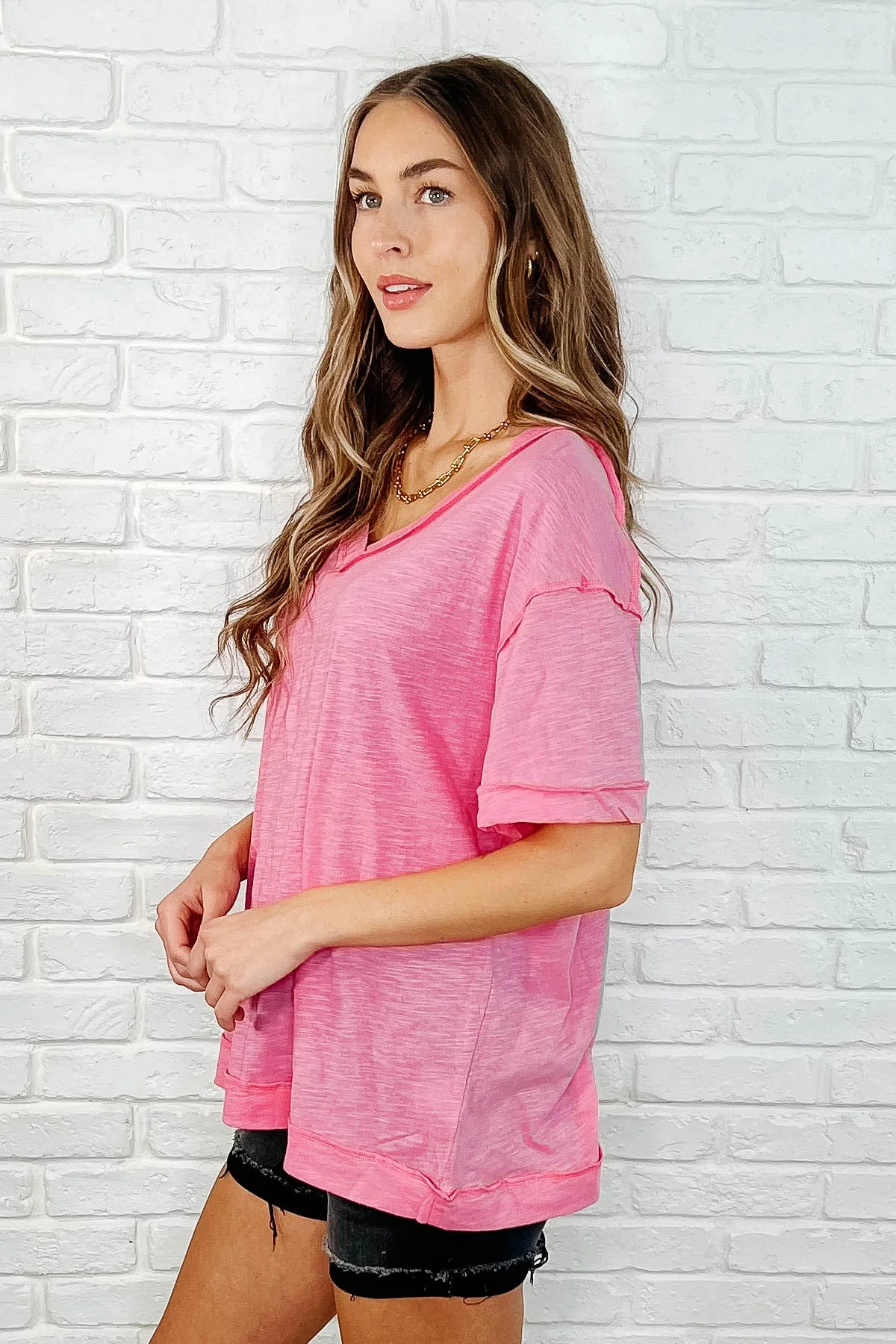 Basic Instinct Drop Shoulder V-Neck Tee in Pink - Makeswep