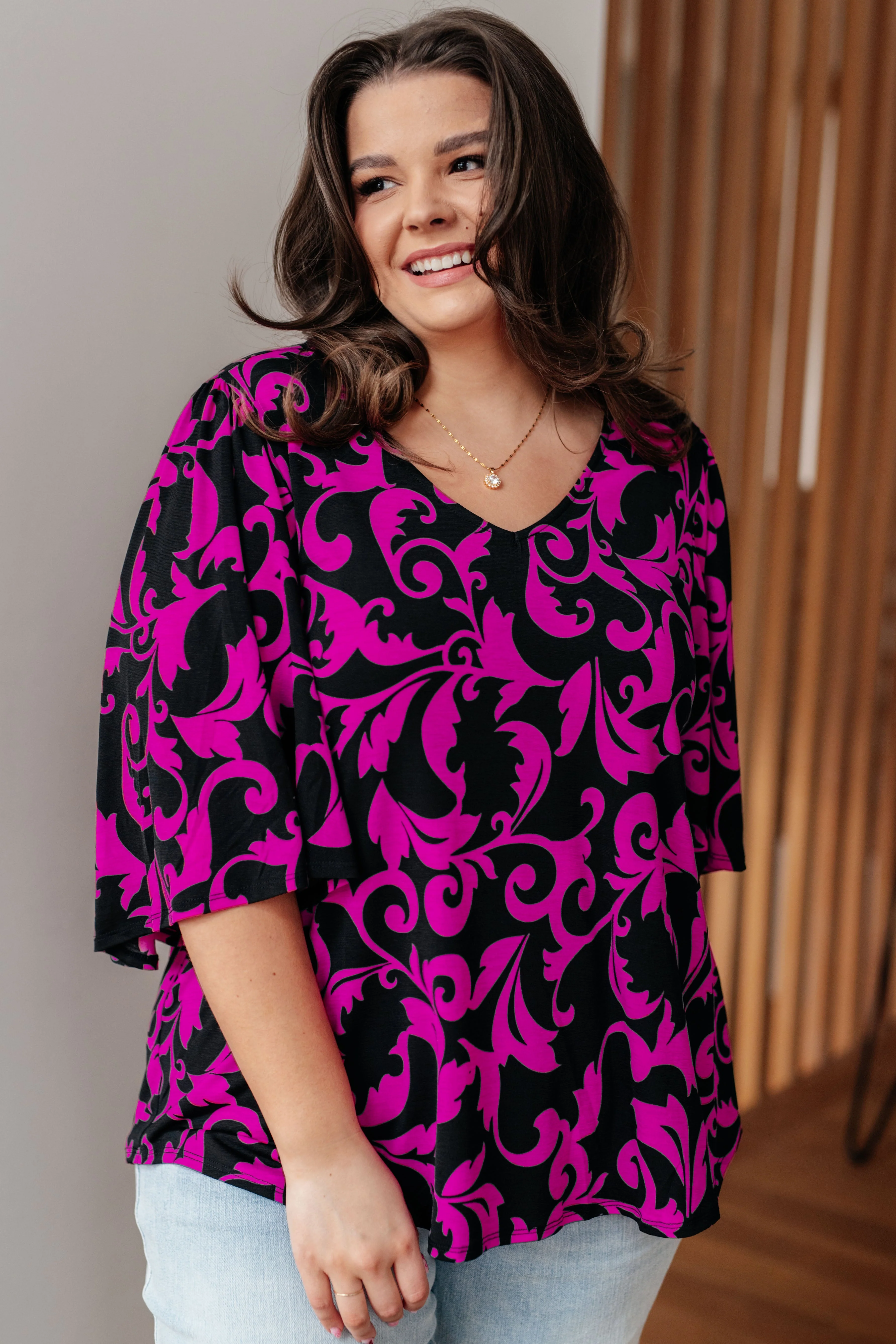 Casually Cute V-Neck Top in Magenta - Makeswep