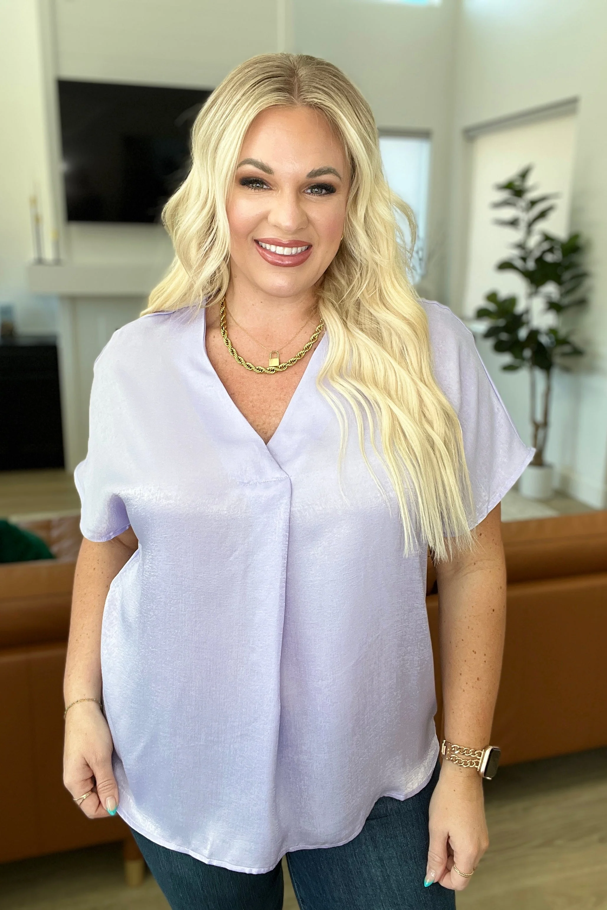 Pleat Front V-Neck Top in Lavender - Makeswep