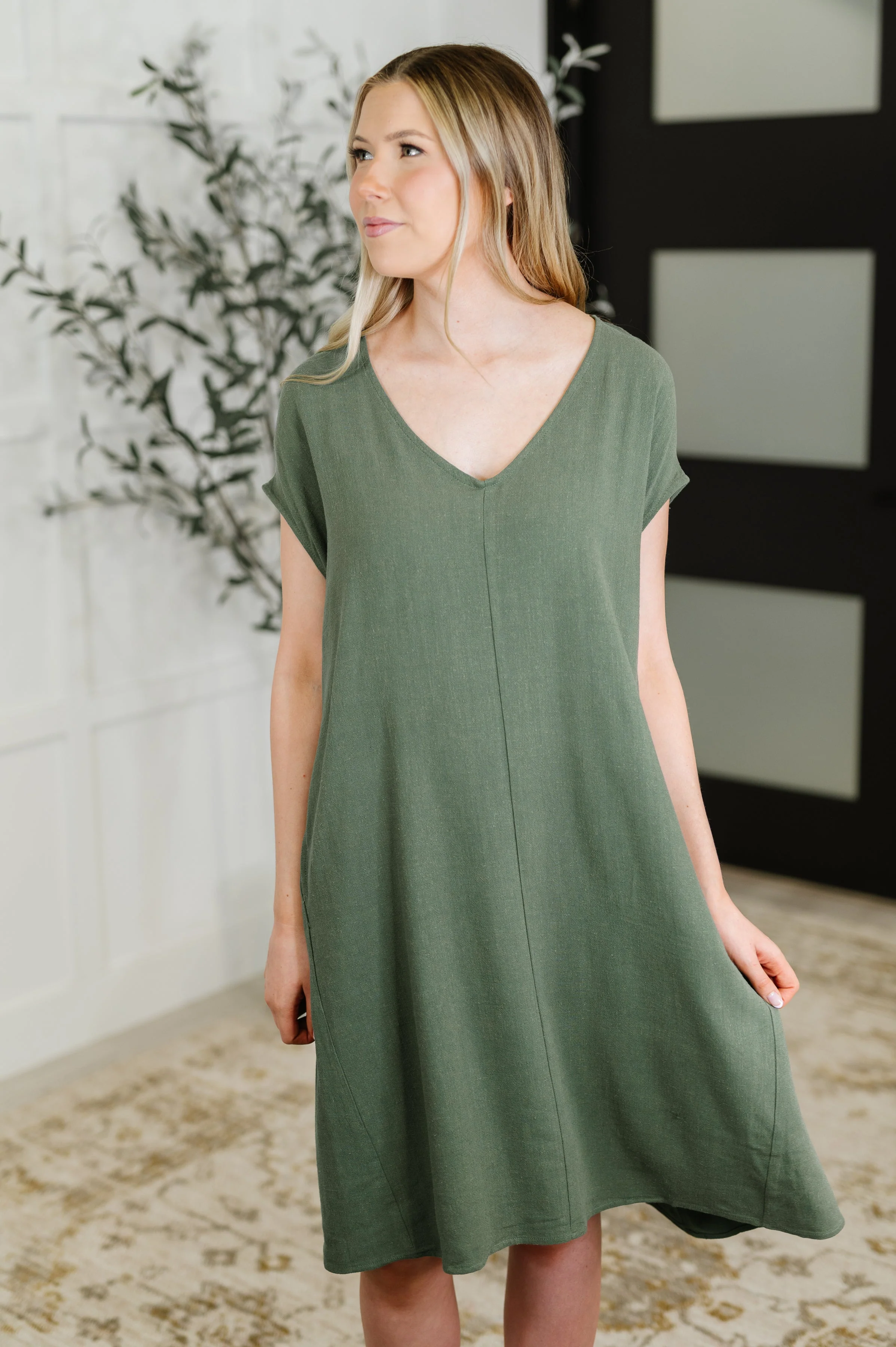 Barely Trying V-Neck Relaxed Dress in Gray Green - Makeswep