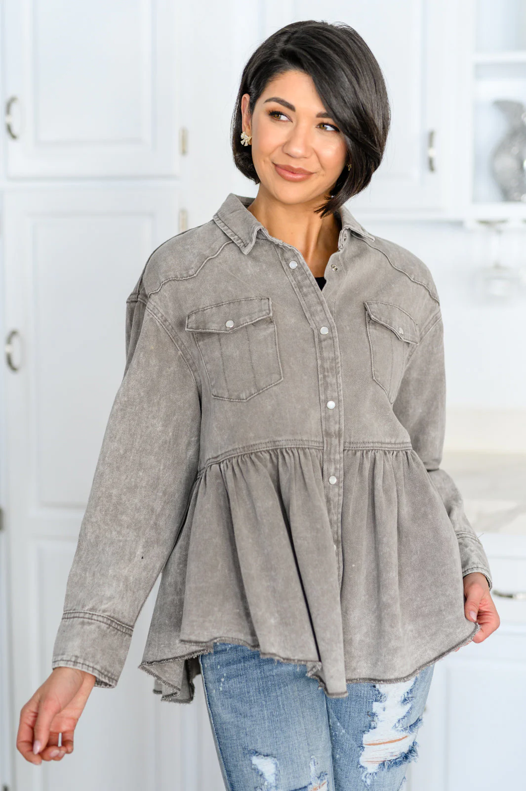 Earl Grey Button Up Long Sleeve Top - Makeswep