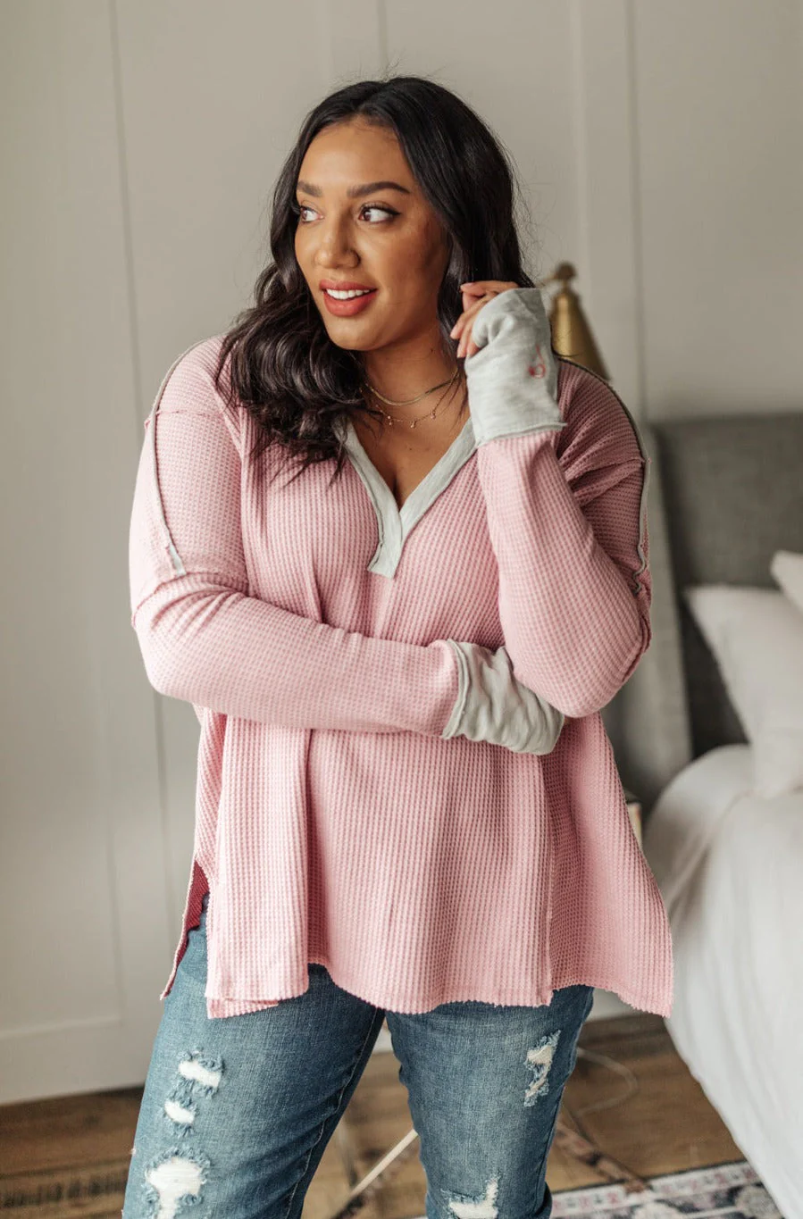 Mia Waffle Knit Long Sleeve In Pink - Makeswep