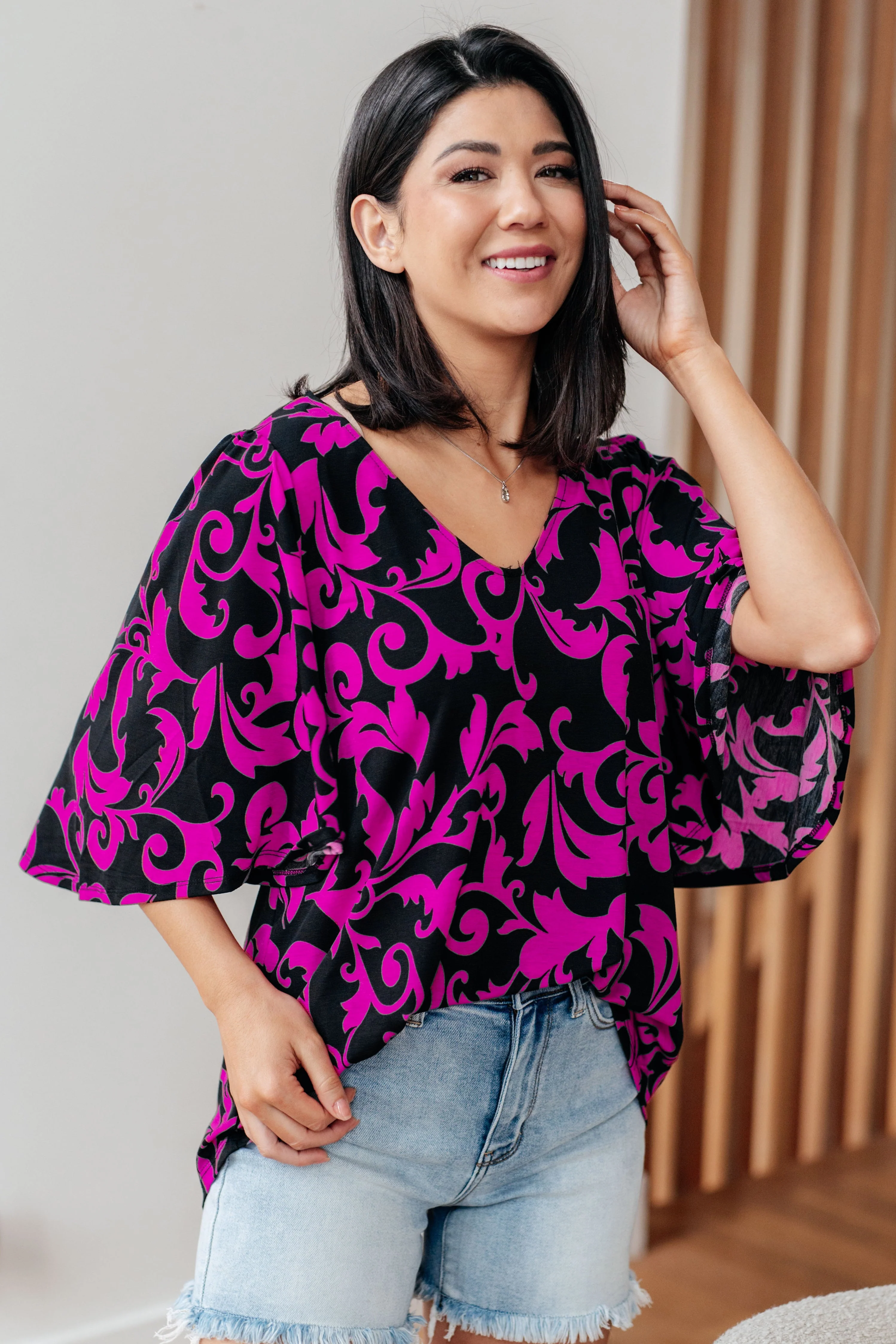 Casually Cute V-Neck Top in Magenta - Makeswep