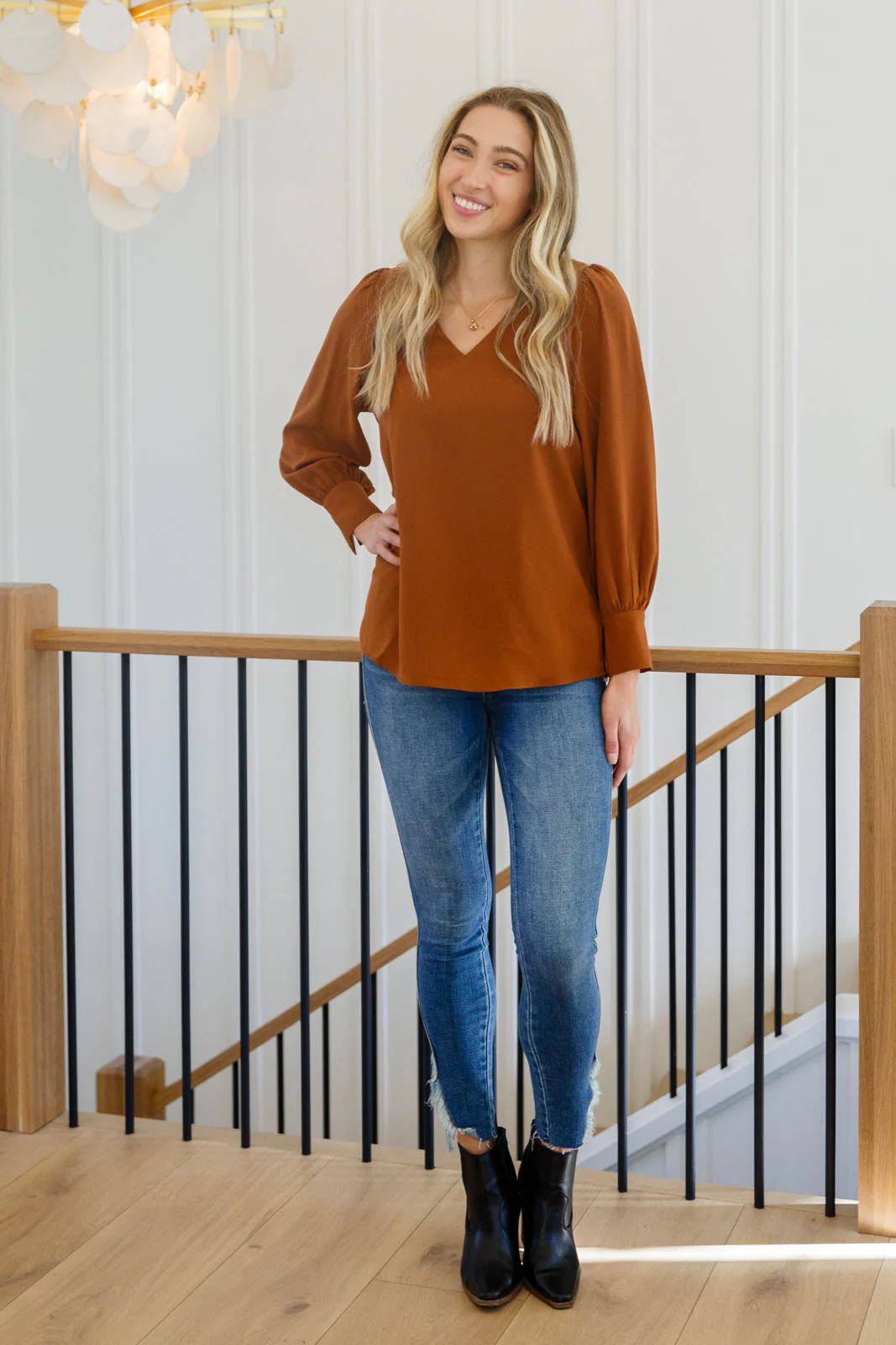 Enjoy This Moment V Neck Blouse In Toffee - Makeswep