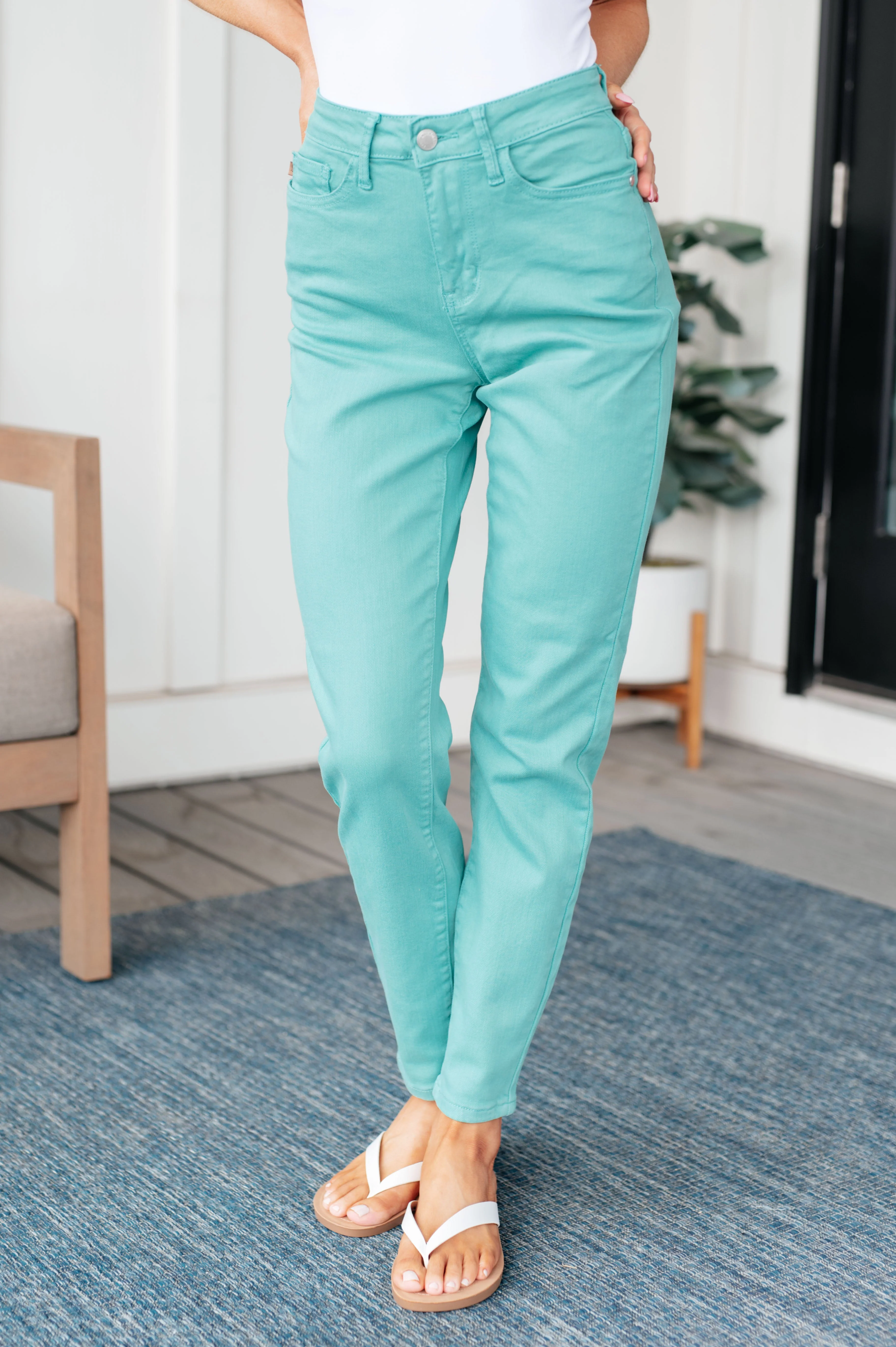 JUDY BLUE Bridgette High Rise Garment Dyed Slim Jeans in Aquamarine - Makeswep