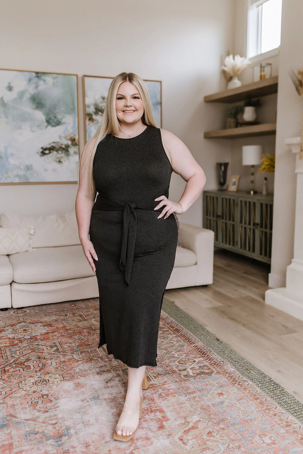 Out on the Town Tie Detail Midi Dress in Charcoal - Makeswep