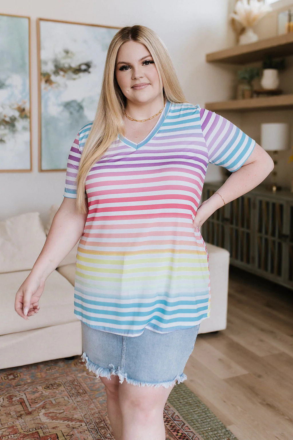 Looking for Rainbows V-Neck Striped Top - Makeswep
