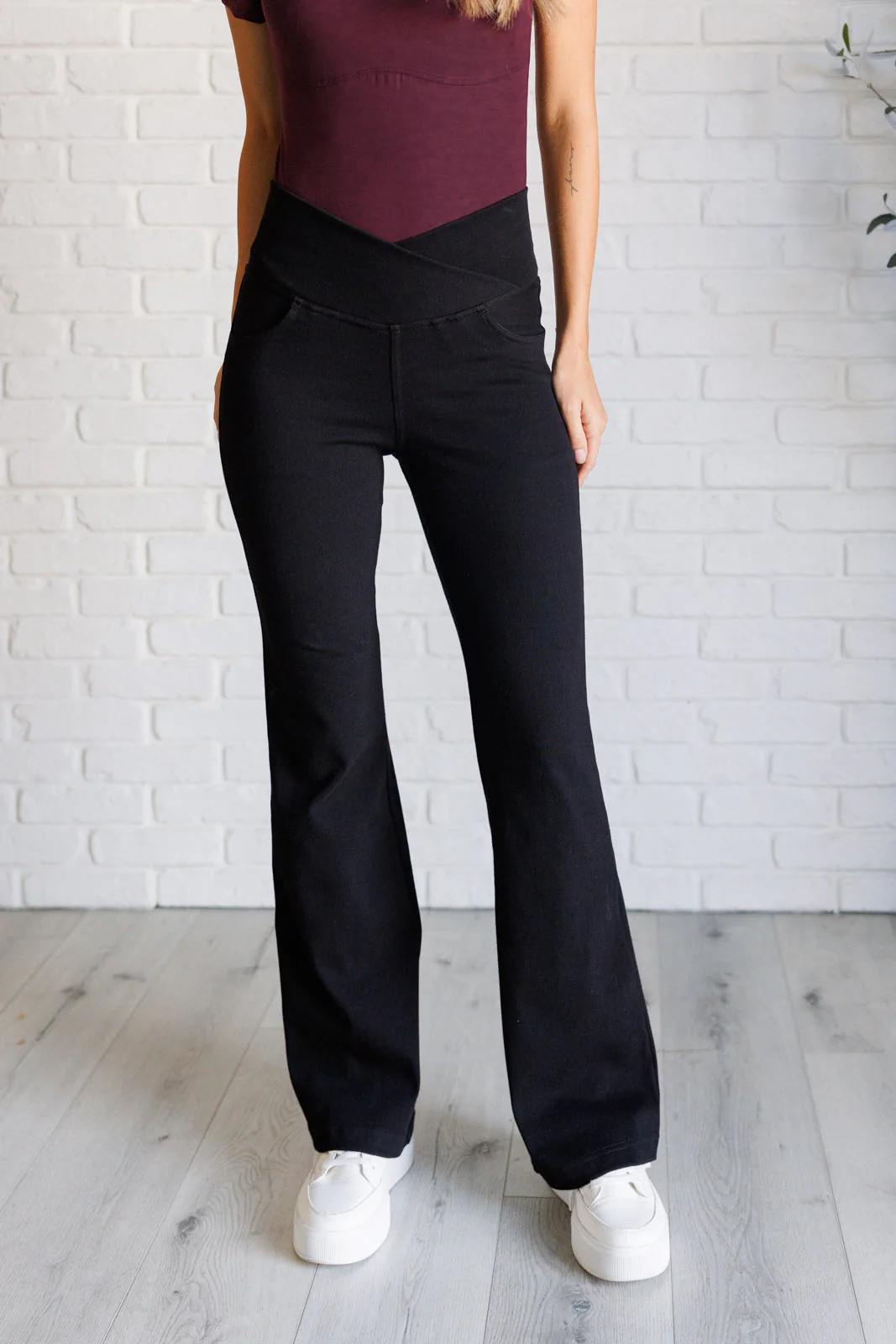 Building Habits Twill Flared Crossover Waist Pant in Black - Makeswep