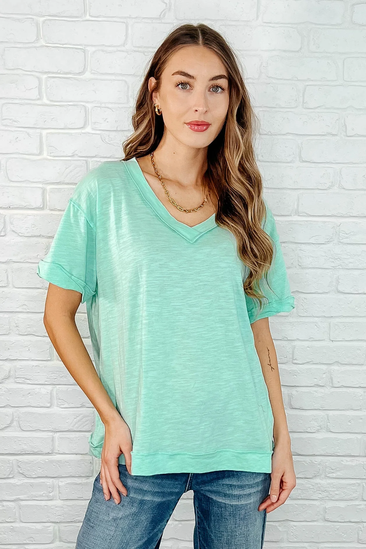 Basic Instinct Drop Shoulder V-Neck Tee in Mint - Makeswep