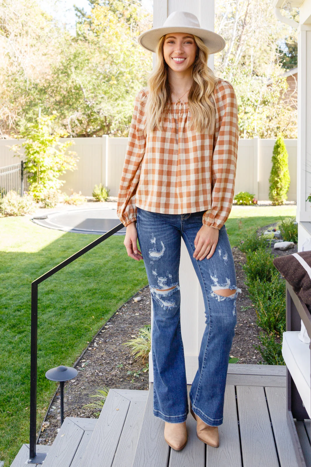 One Fine Afternoon Gingham Plaid Top In Caramel - Makeswep