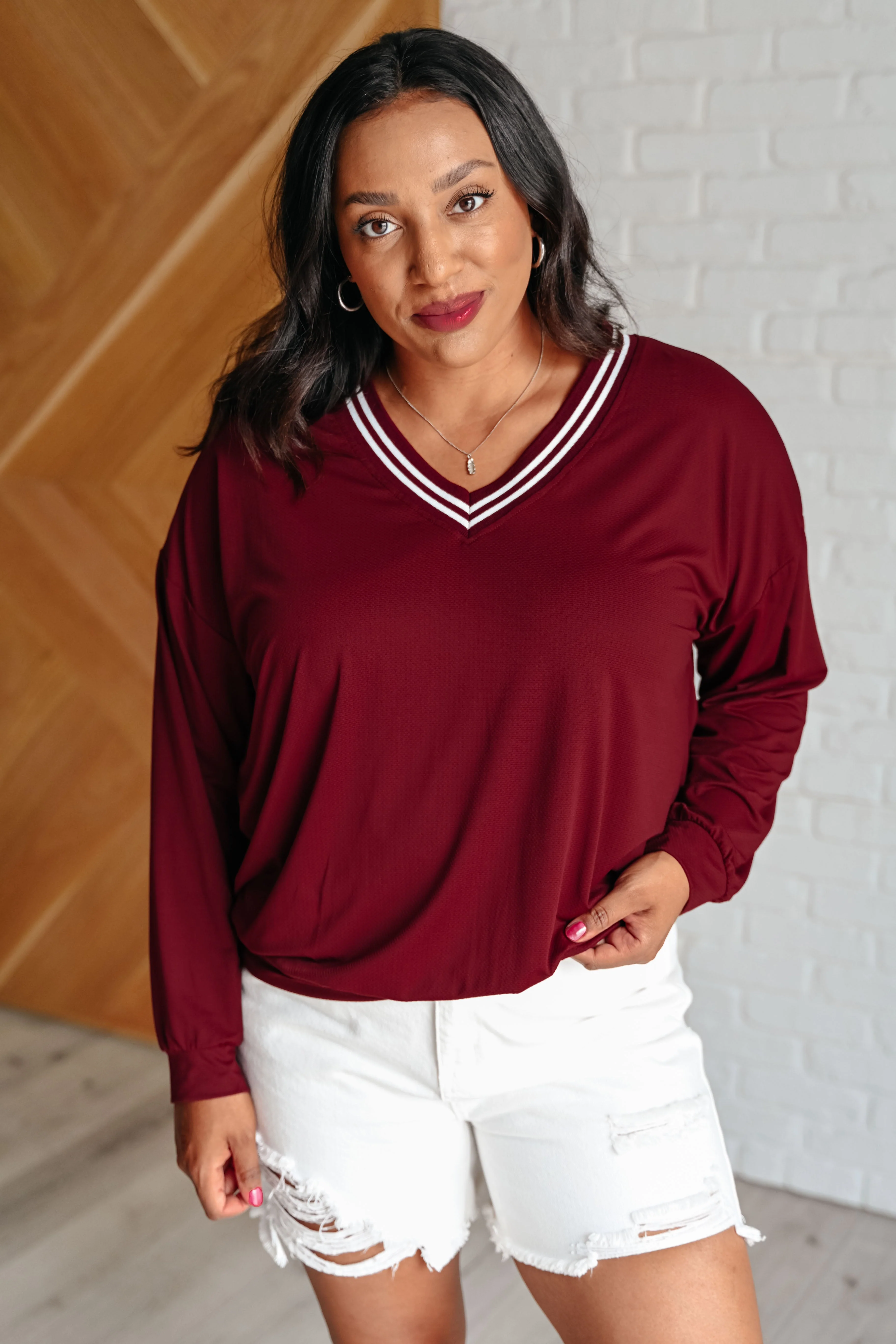 All Out Comfort V-Neck Pullover in Red Merlot - Makeswep