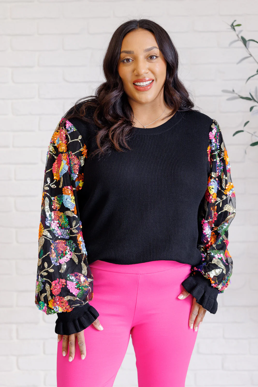 She is the Party Floral Sequins Mesh Sleeve Top - Makeswep